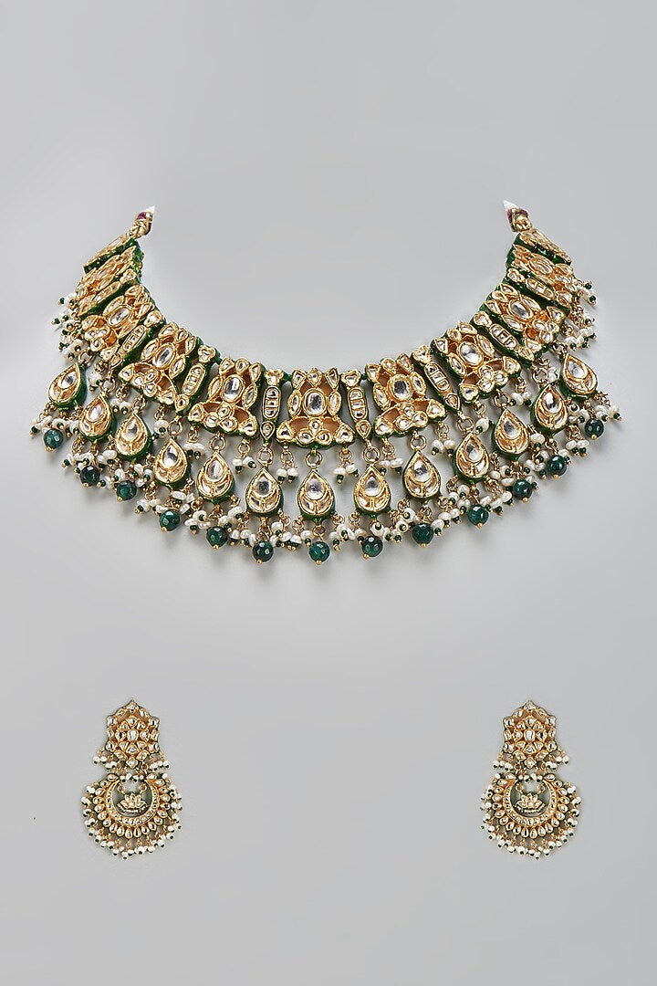 Emerald Green Jaipuri Kundan Pearl Bridal Choker Set with Statement earring