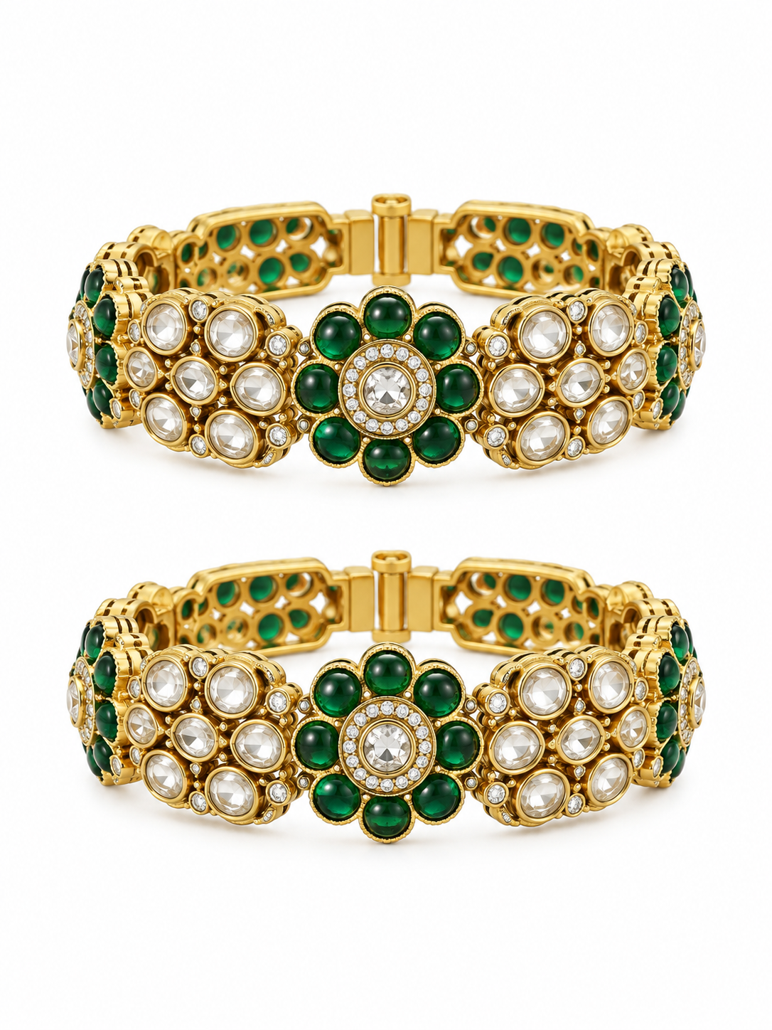 Emerald Floral Moissanite Polki Bangles