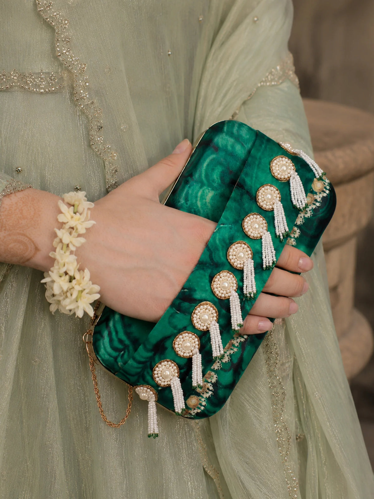 Green Jade Print Clutch Bag with Pearl Tassel Embellishment