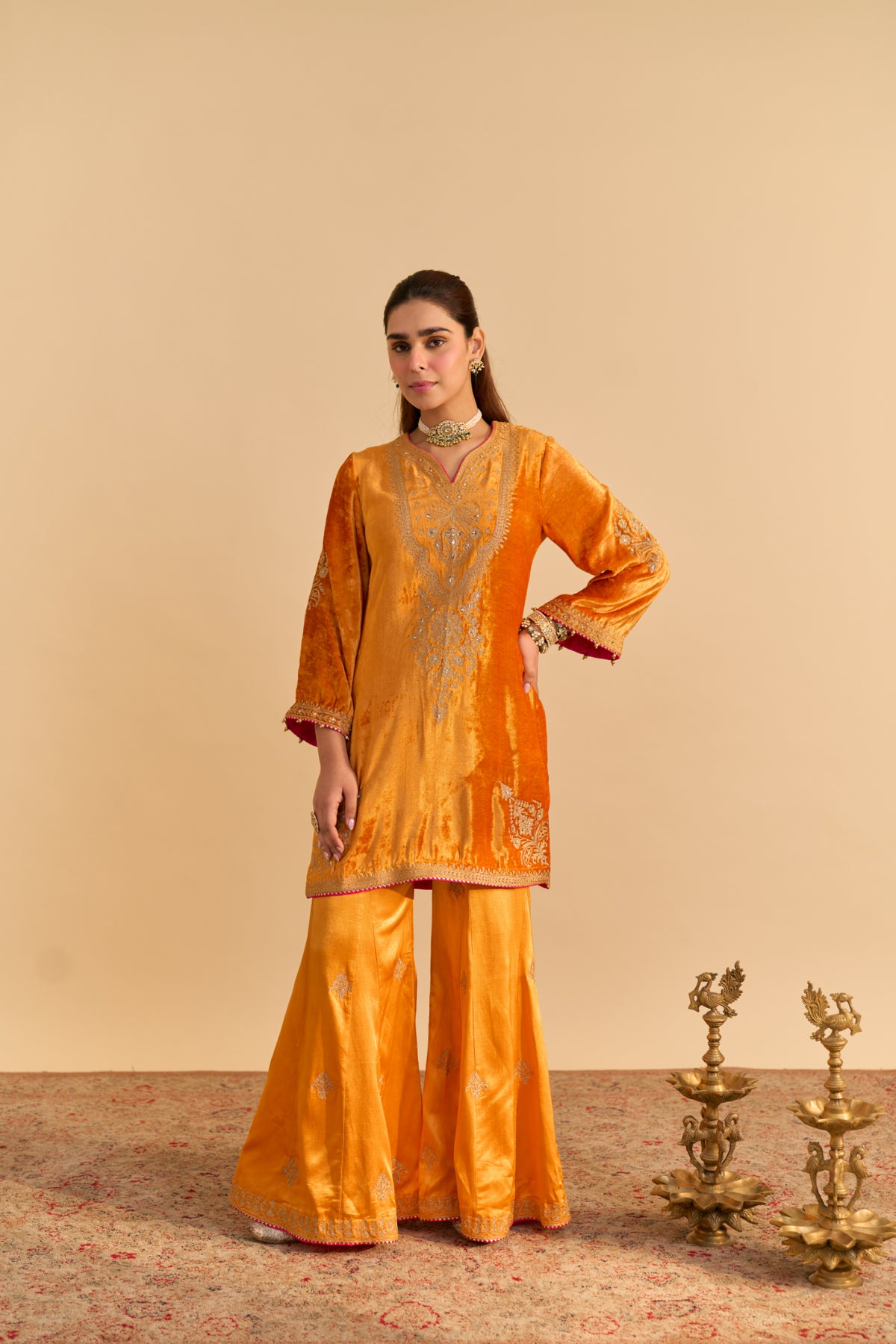 Nooren Orange Velvet Kurta Palazzo Set for Festive Winter