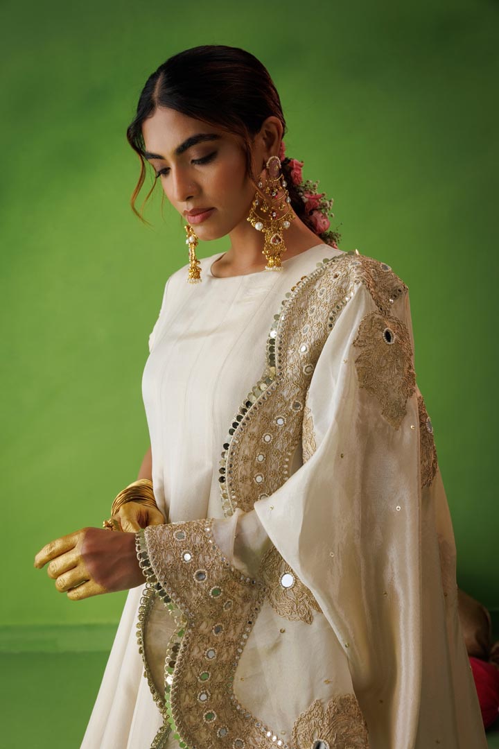 Beige tissue anarkali with scallop dupatta