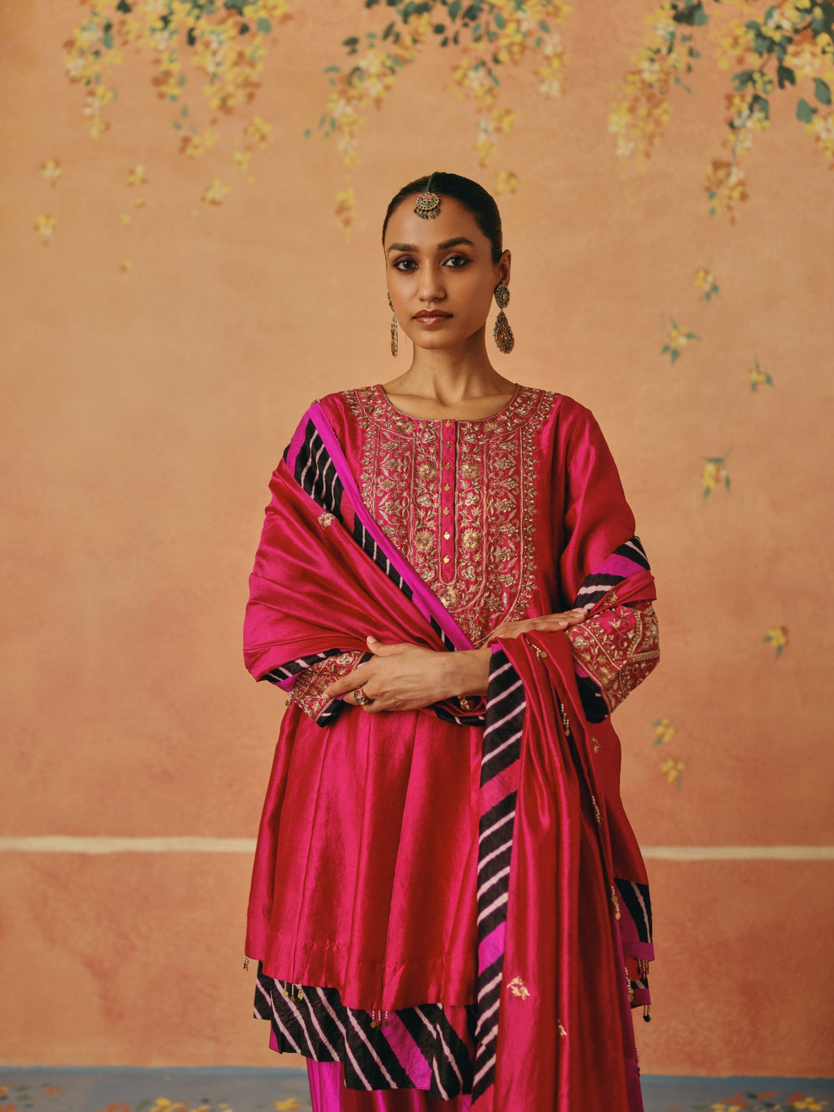 Red and Rani Leheriya Layered Anarkali