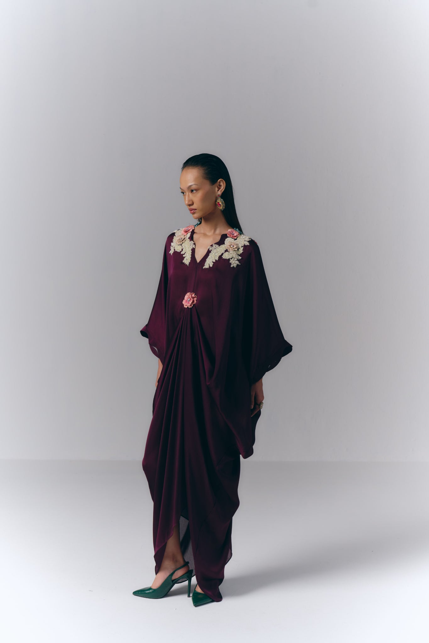 Pink Embroidered Draped Kaftan