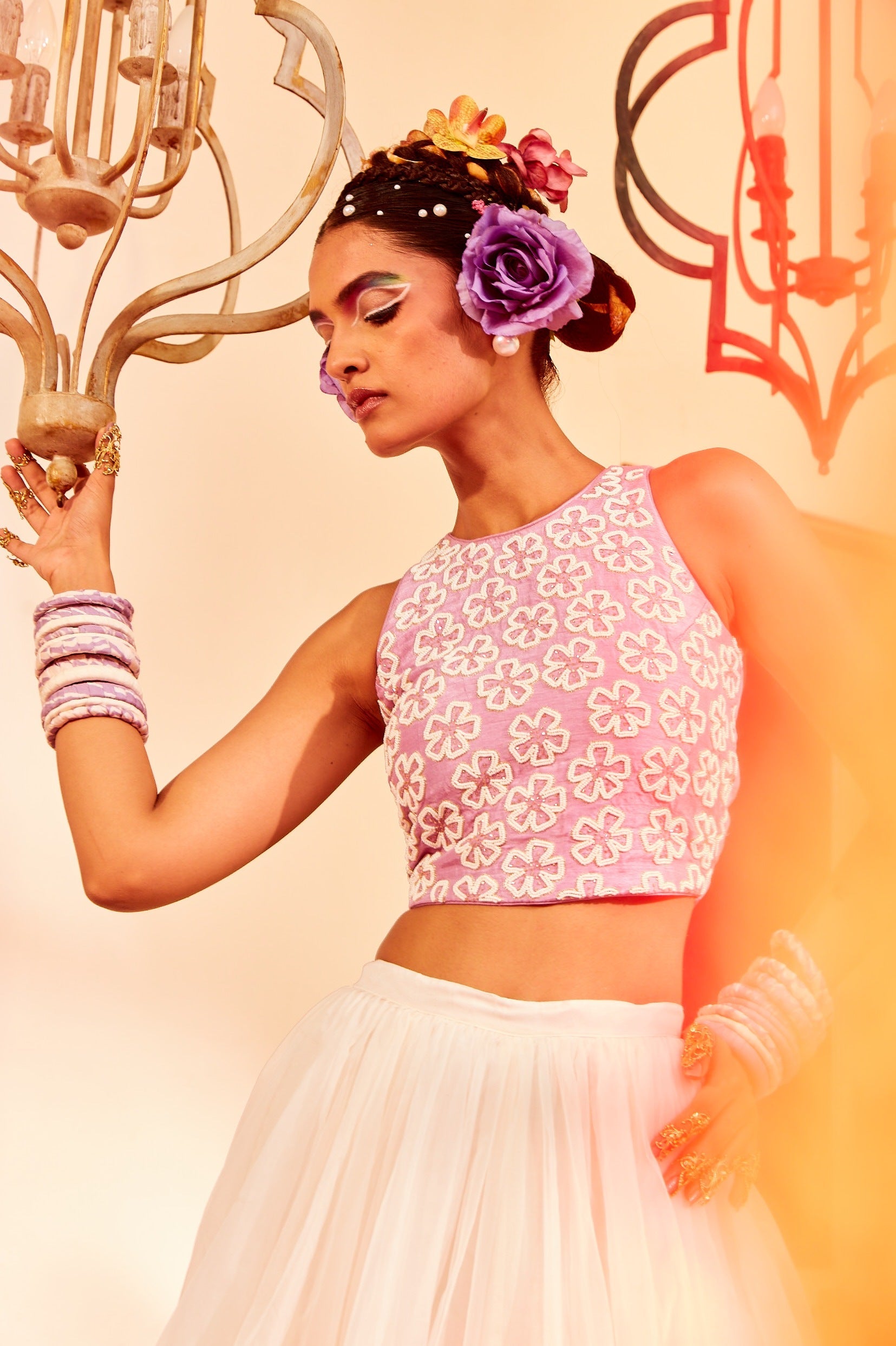 Lilac Crop Top With Ivory Lehenga.