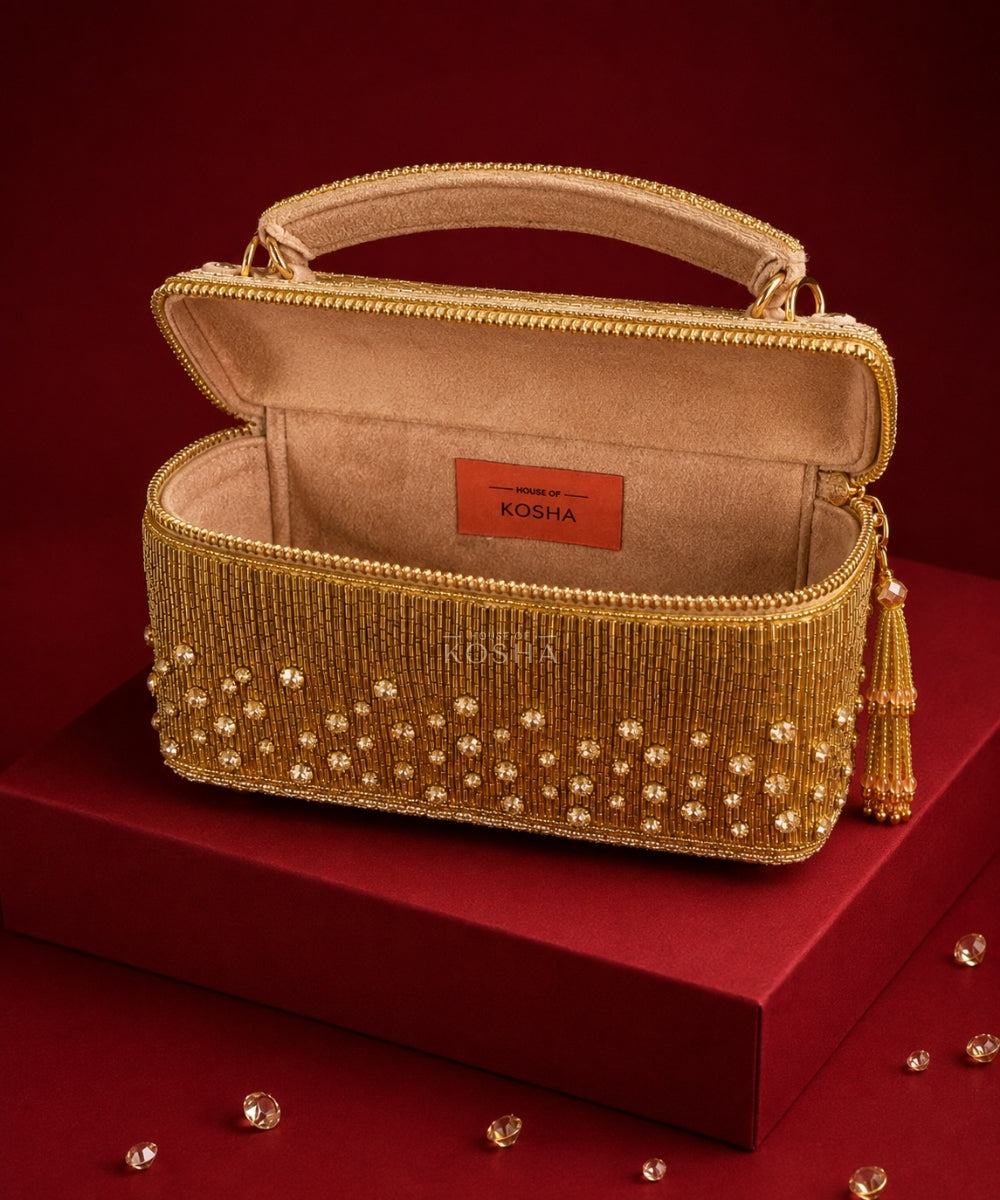 Cally Gold Suede Embroidered Vanity Bag