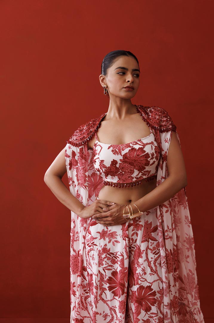 white & red printed shrug set