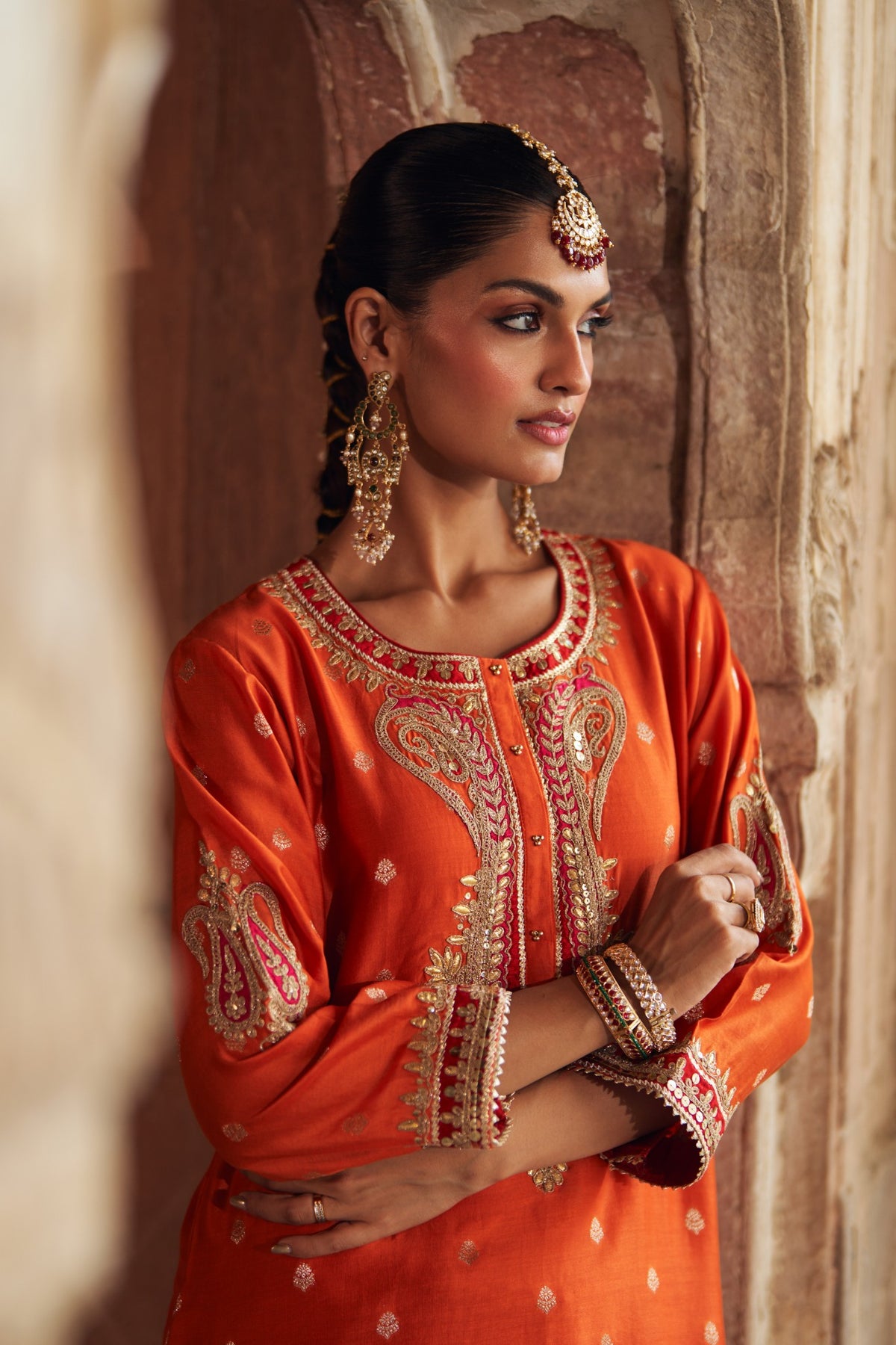 Burnt Orange Chanderi Silk Short Kurta with Dhoti Salwar Set
