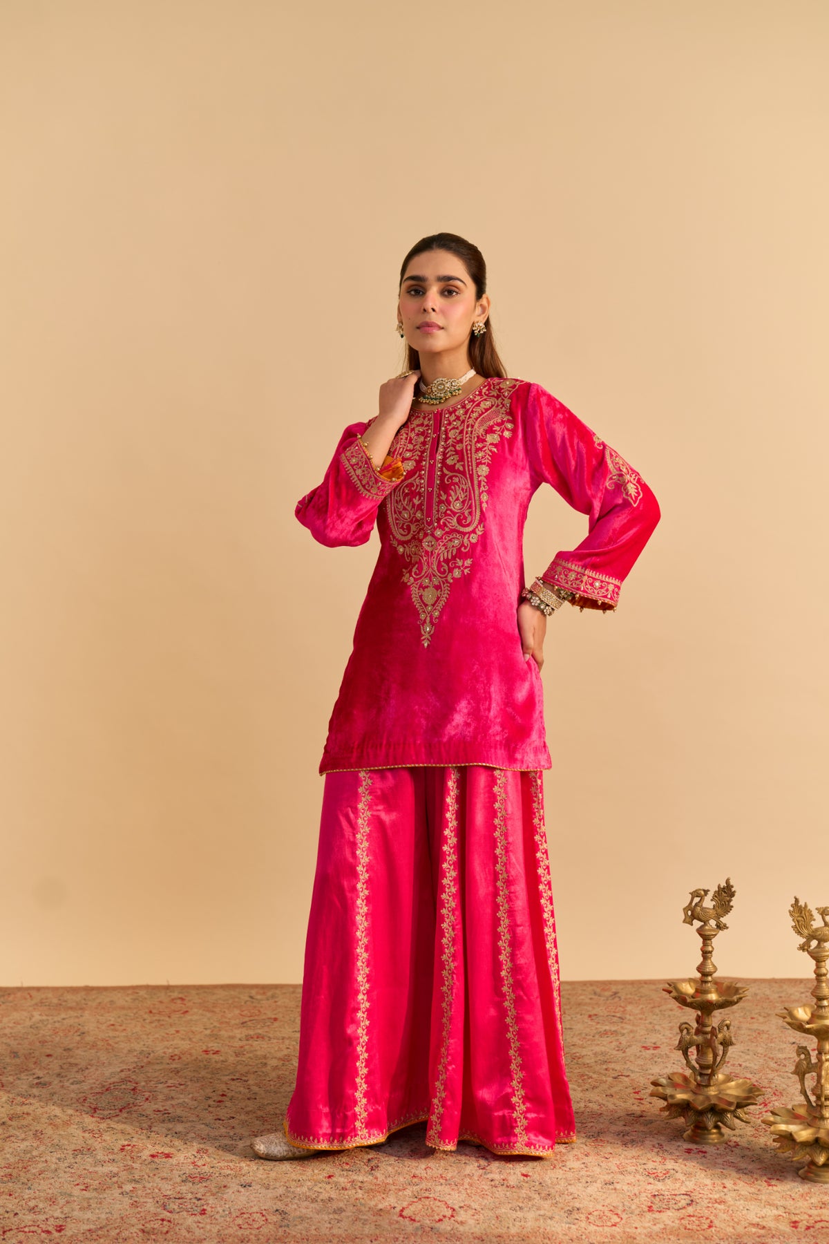 Aroob Hot Pink Velvet Kurta Sharara Set with Tissue Silk Dupatta