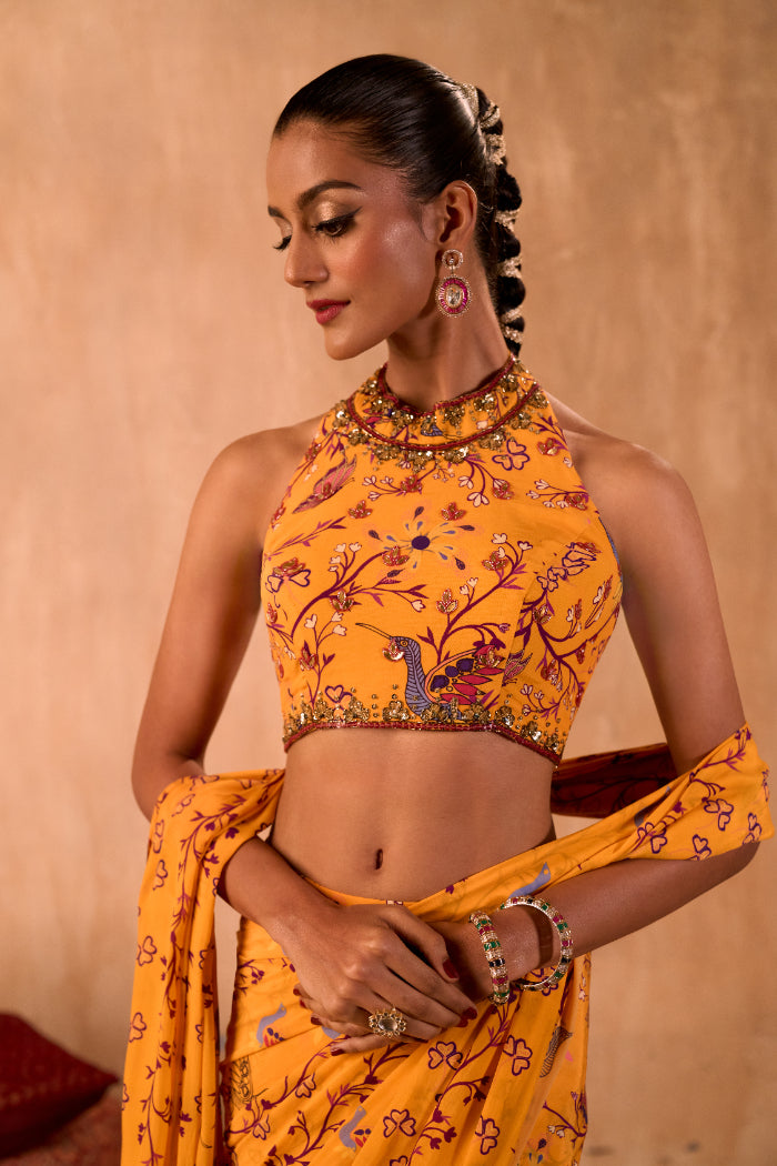 YELLOW PRINT EMBROIDERED HALTER CHOLI AND PREDRAPED SARI SET - image 2