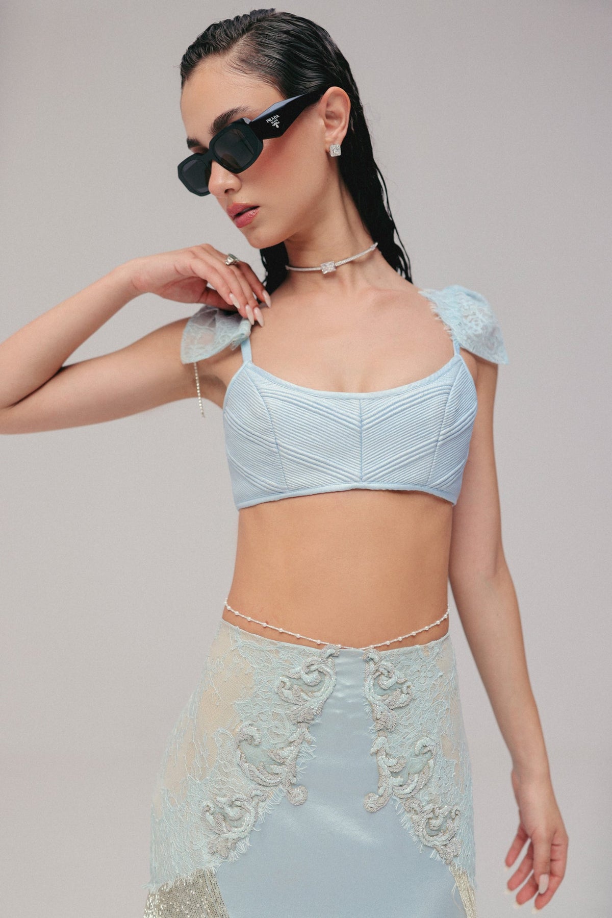 Bugle Bead & Crystal Embroidery, Silk Satin & Lace, Skirt Set, Crop Silhouette