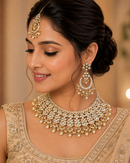 Royal Jaipuri Kundan Pearl Floral Choker Necklace Set with Chandbali earring & Maang Tikka