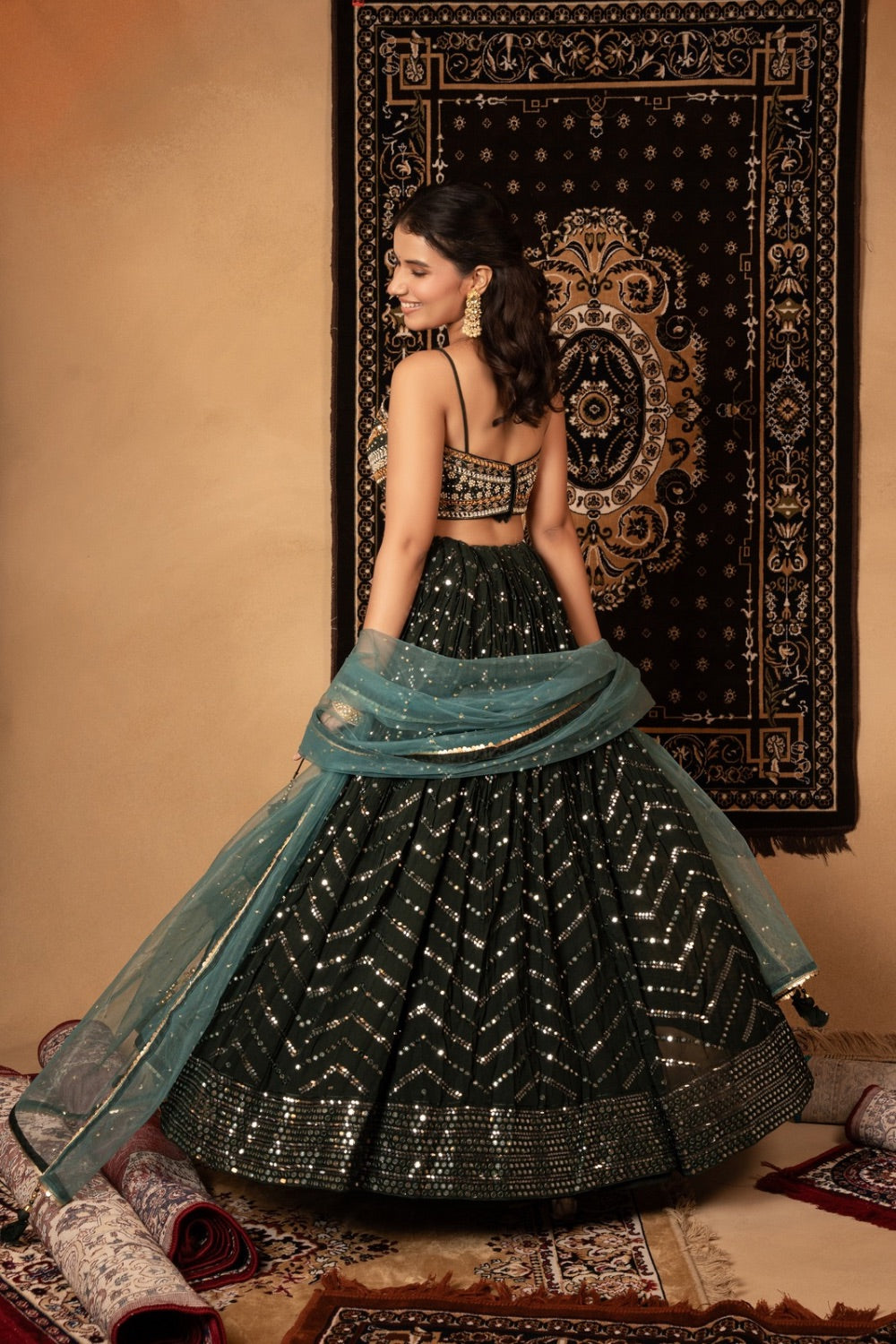 Blue georgette lehenga choli with mirror work and resham embroidery