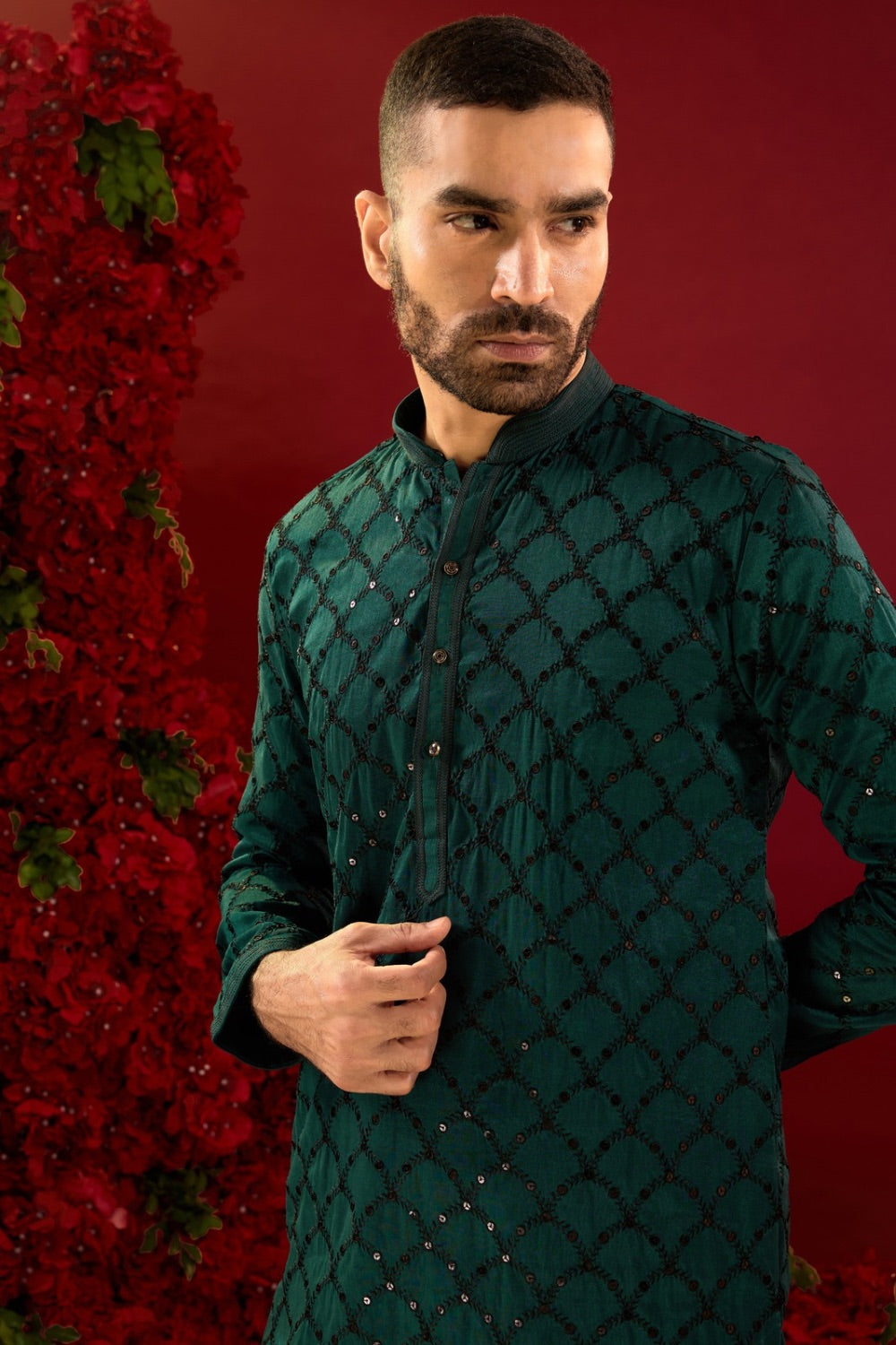 Dark green silk kurta with machine work