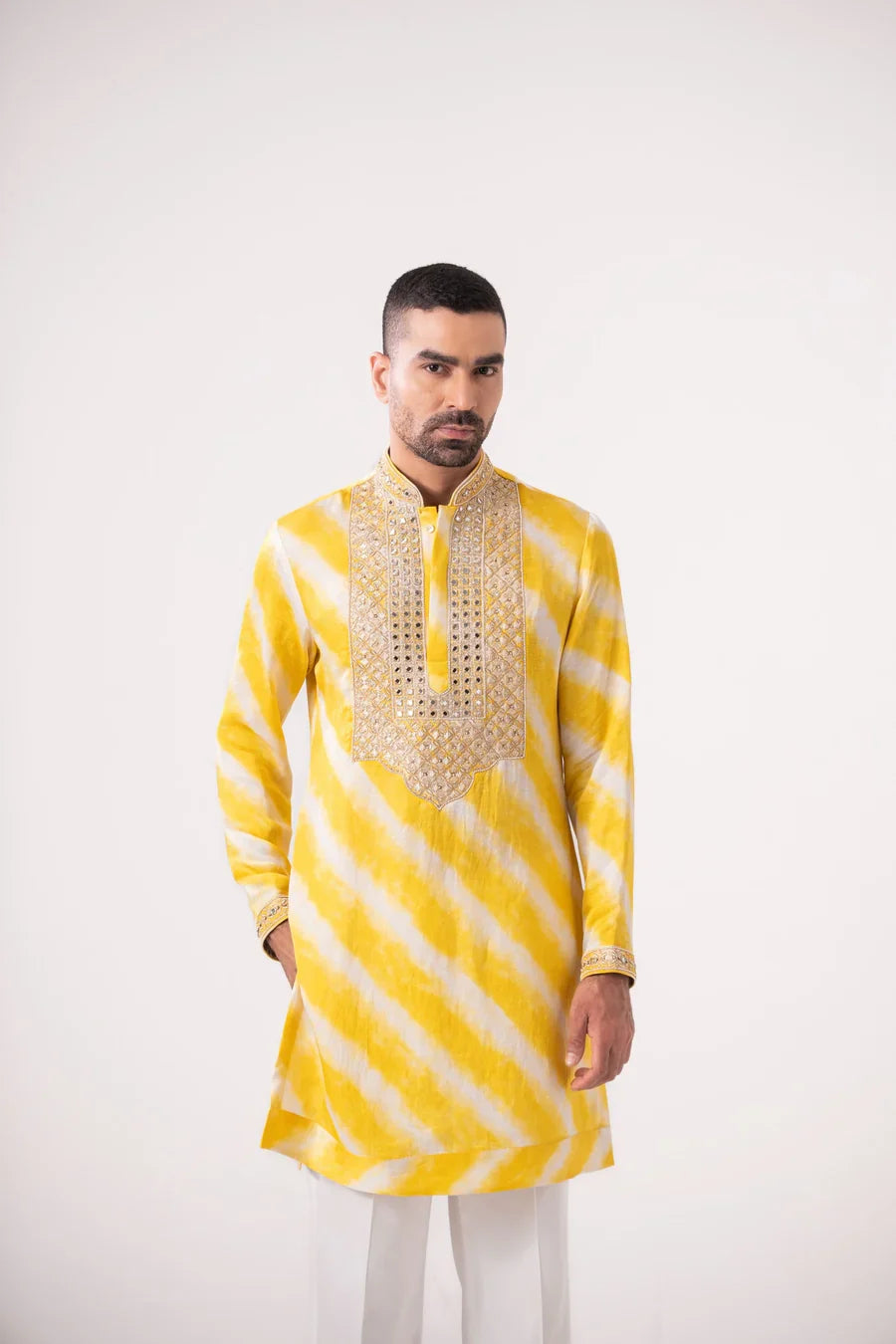 Yellow Leheriya Silk Kurta