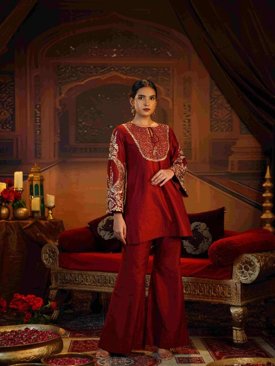 deep red short kurti set - image 2