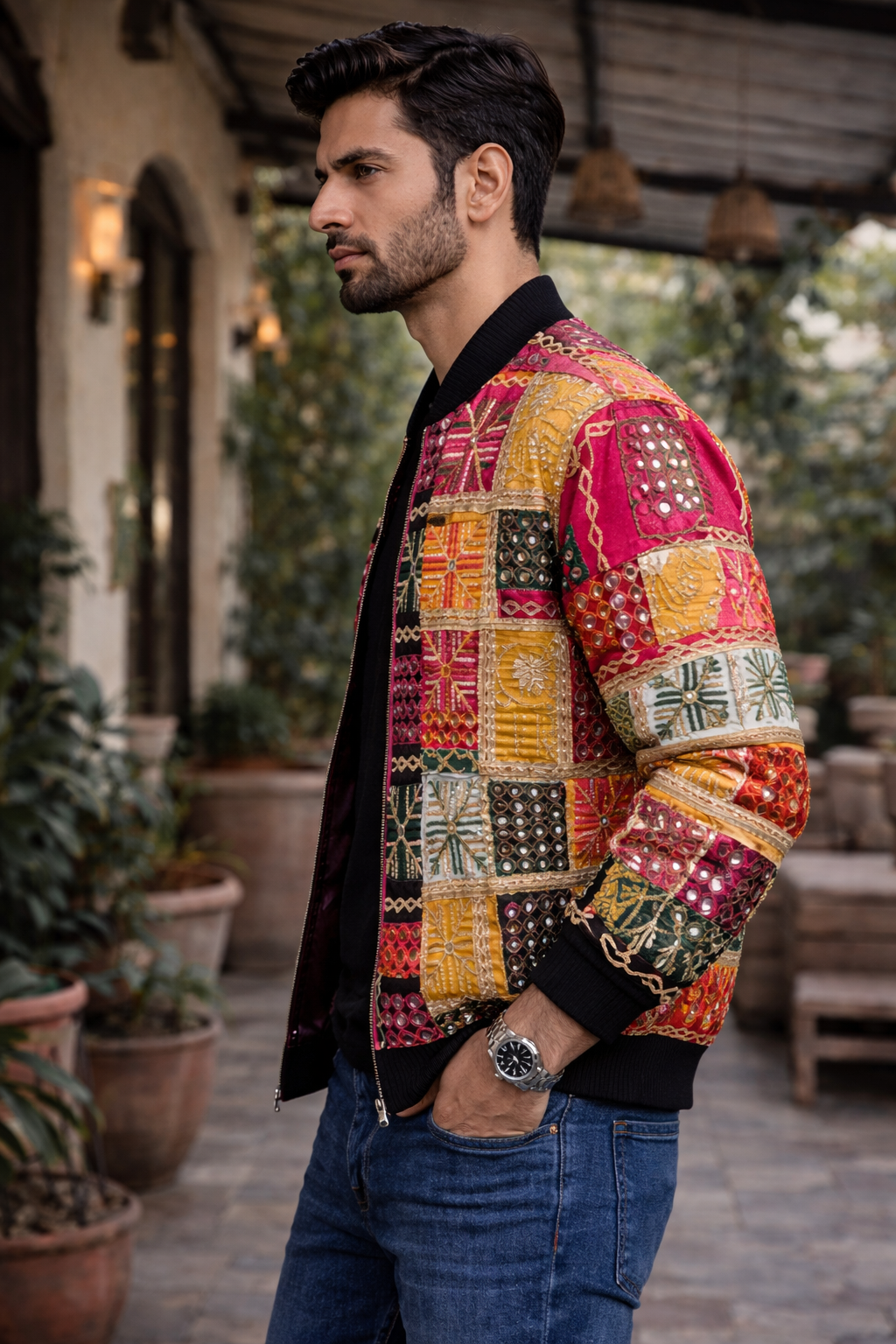 Veer Phulkari Patchwork Bomber Jacket - Luxury Men's Outerwear