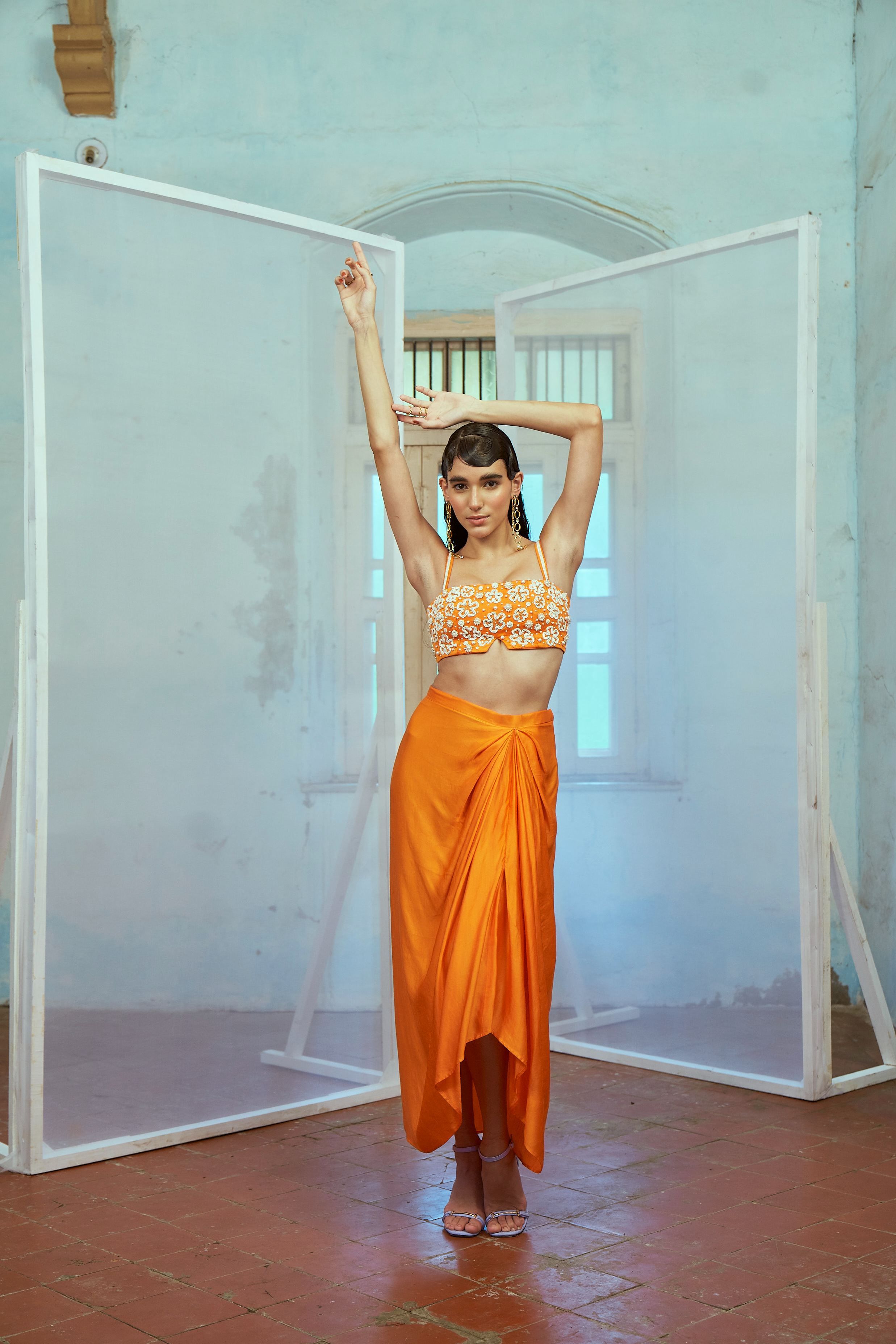 Orange Bustier and Drape Skirt Set
