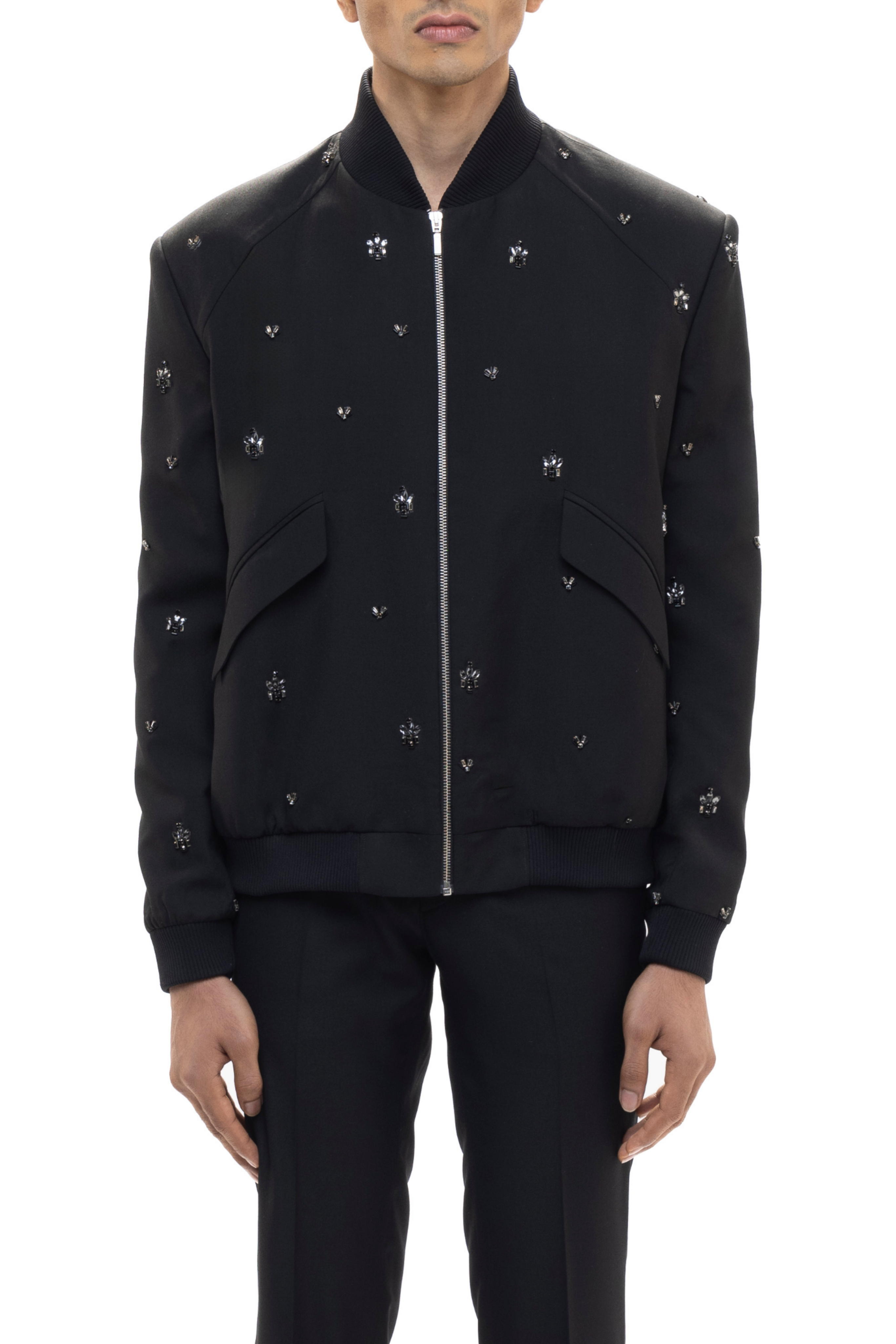 Black Worsted Wool Motifs Embellished Bomber Jacket