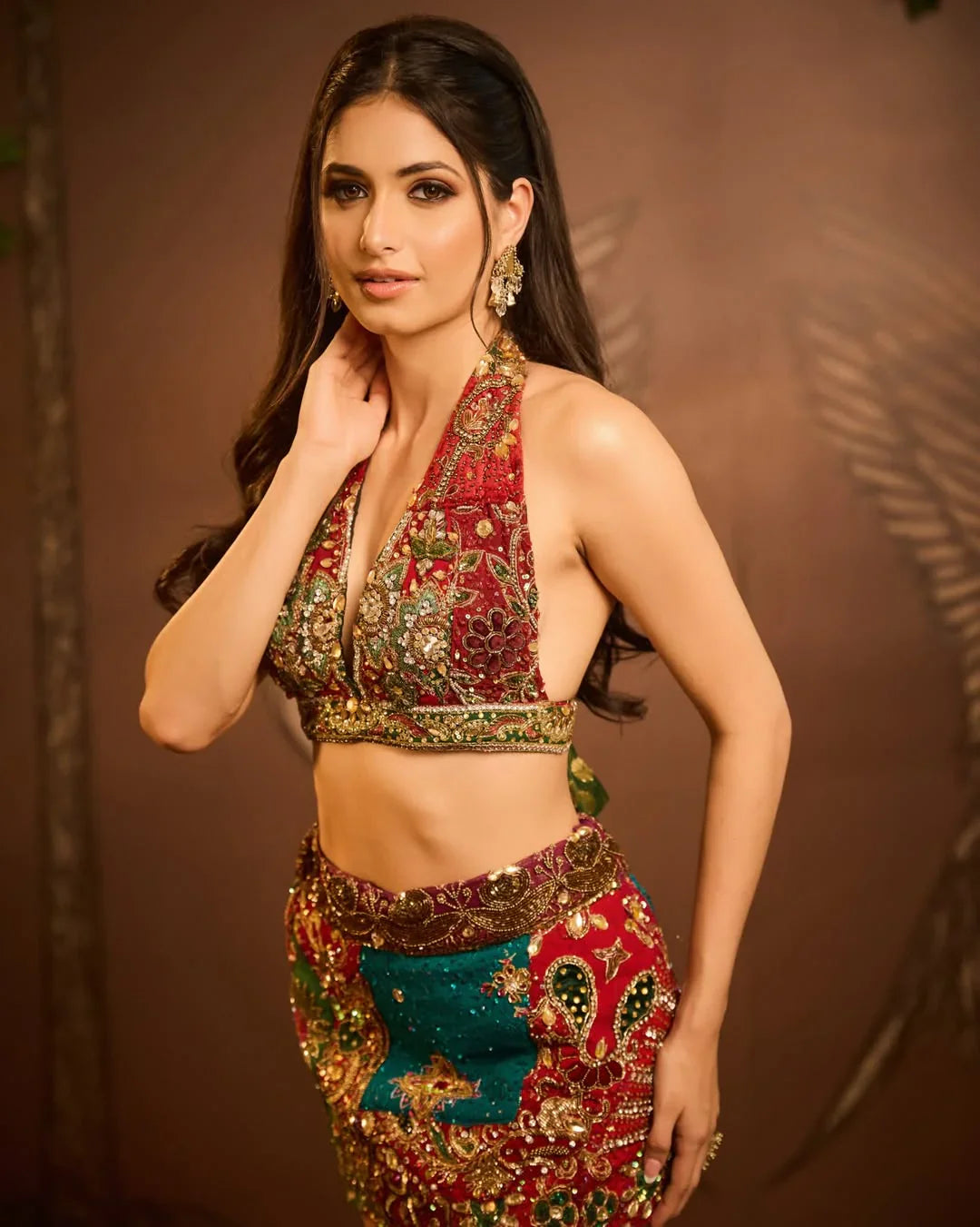 Burnt Earth Red Hand-Embellished Indo-Western Skirt Co-ord Set