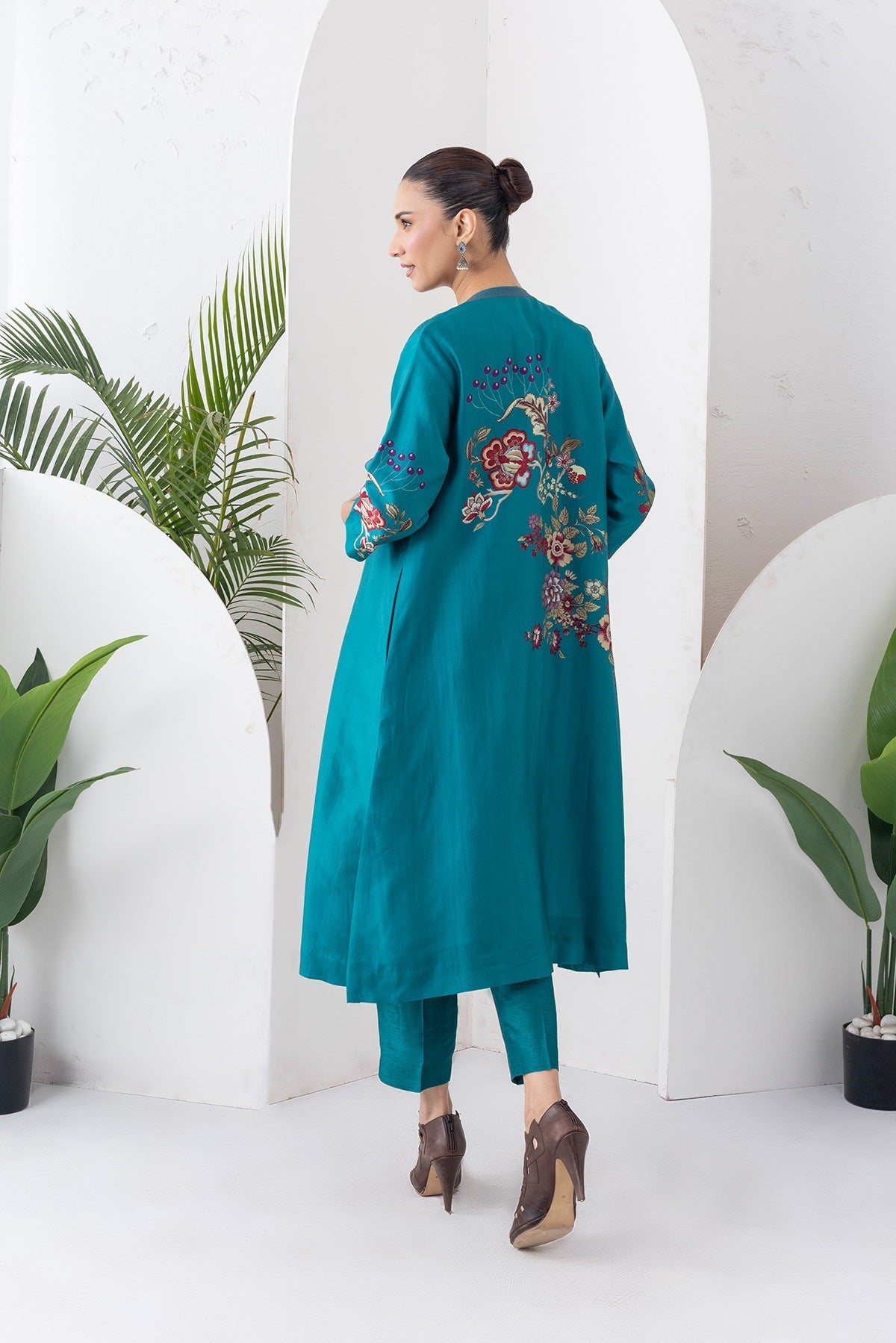 Emerald Silk Chanderi Floral Printed Front Open Dress Set (3 PCS)