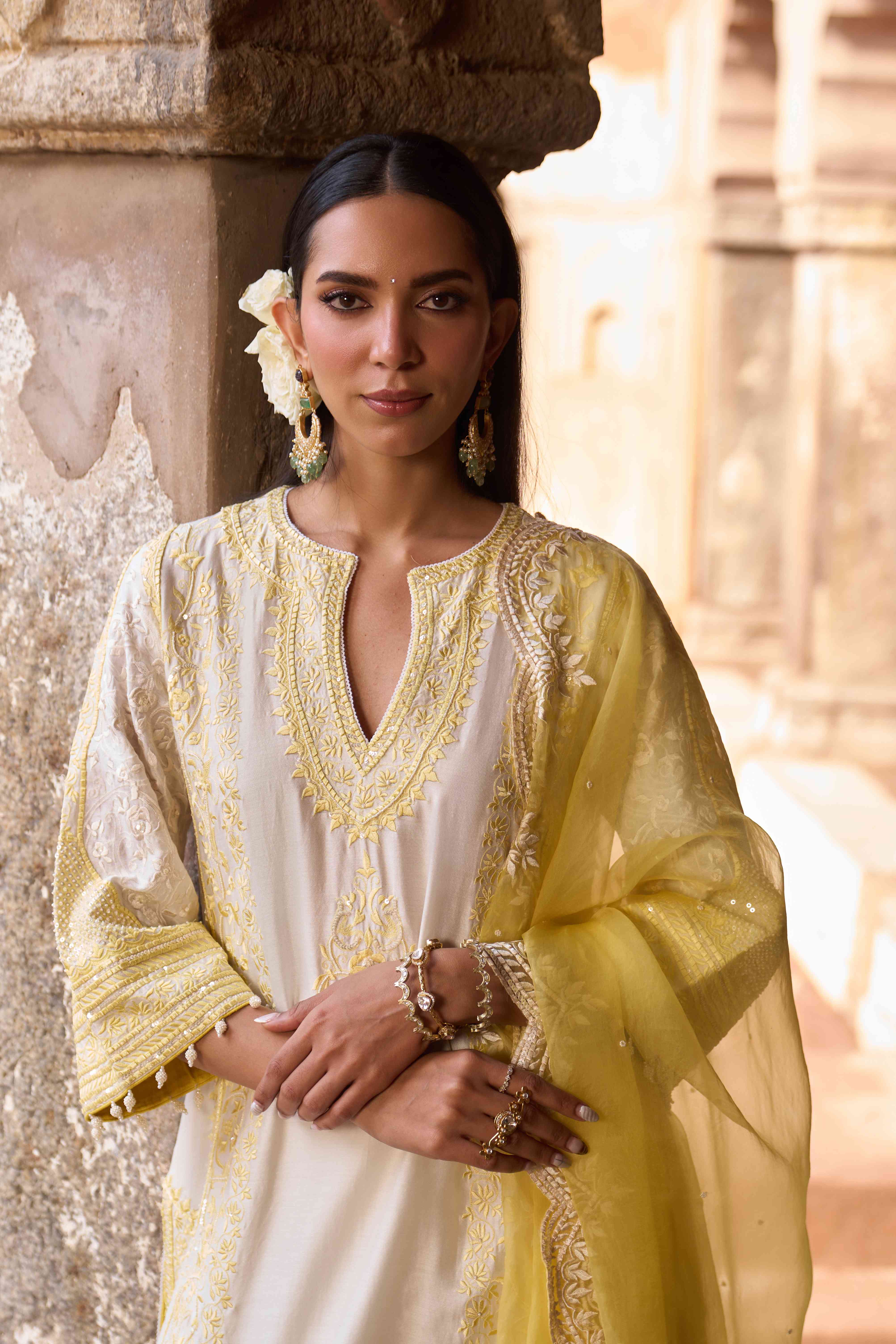 NURVI - DAISY IVORY WITH LEMON YELLOW LONG A-LINE KURTA WITH PALAZZO AND DUPATTA