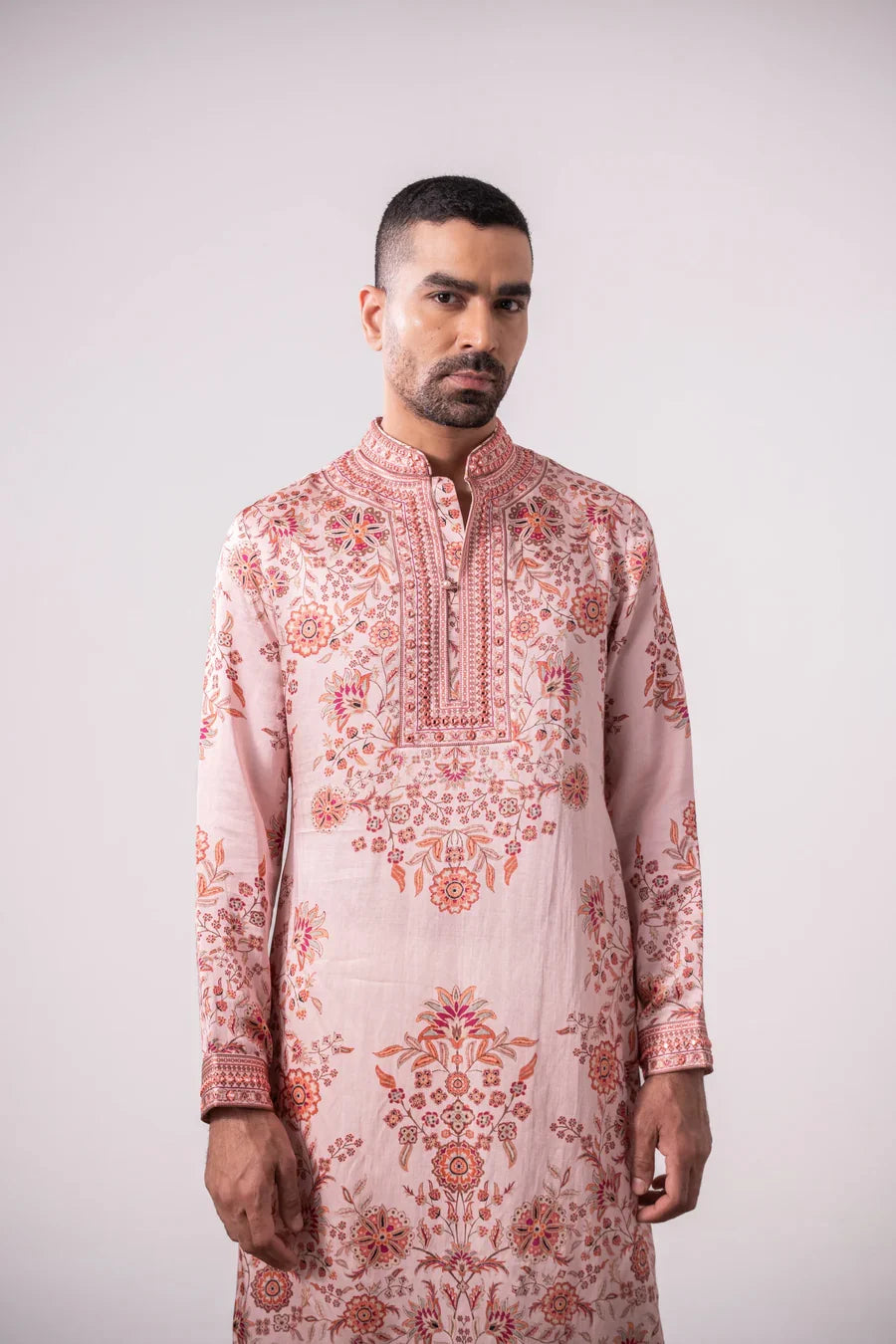 Pink Floral Linen Satin Kurta