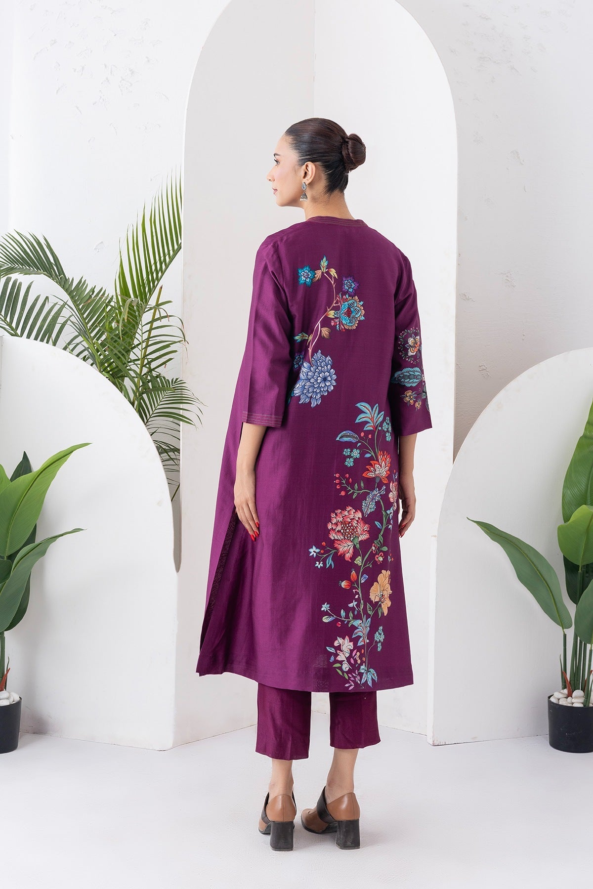 Wine Silk Chanderi Floral Printed Front Open Dress Set (3 PCS)