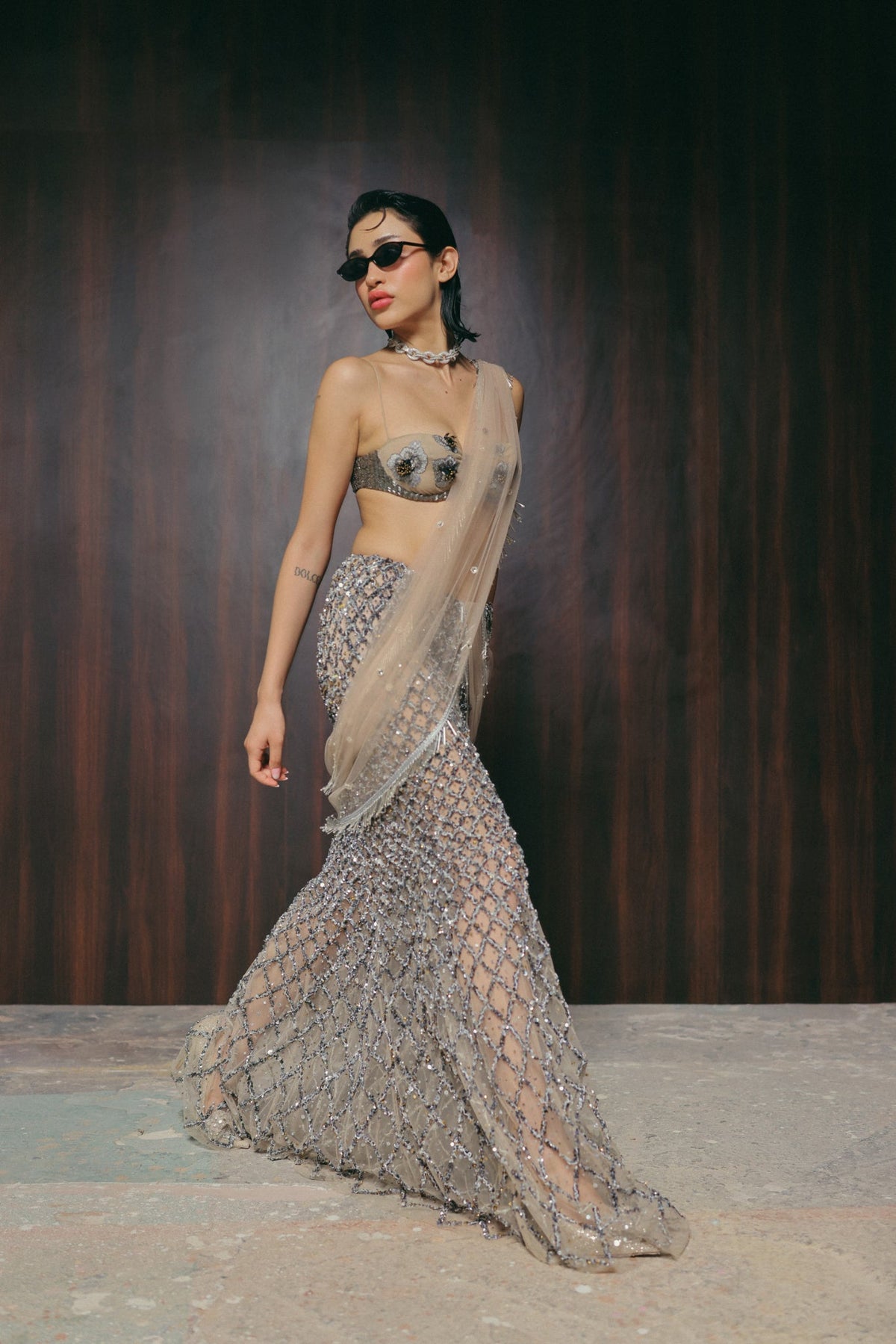 Zardosi & Bugle Bead Embroidery, Stretch Tulle & Silk with French Lace, Saree Set, Blouse Silhouette