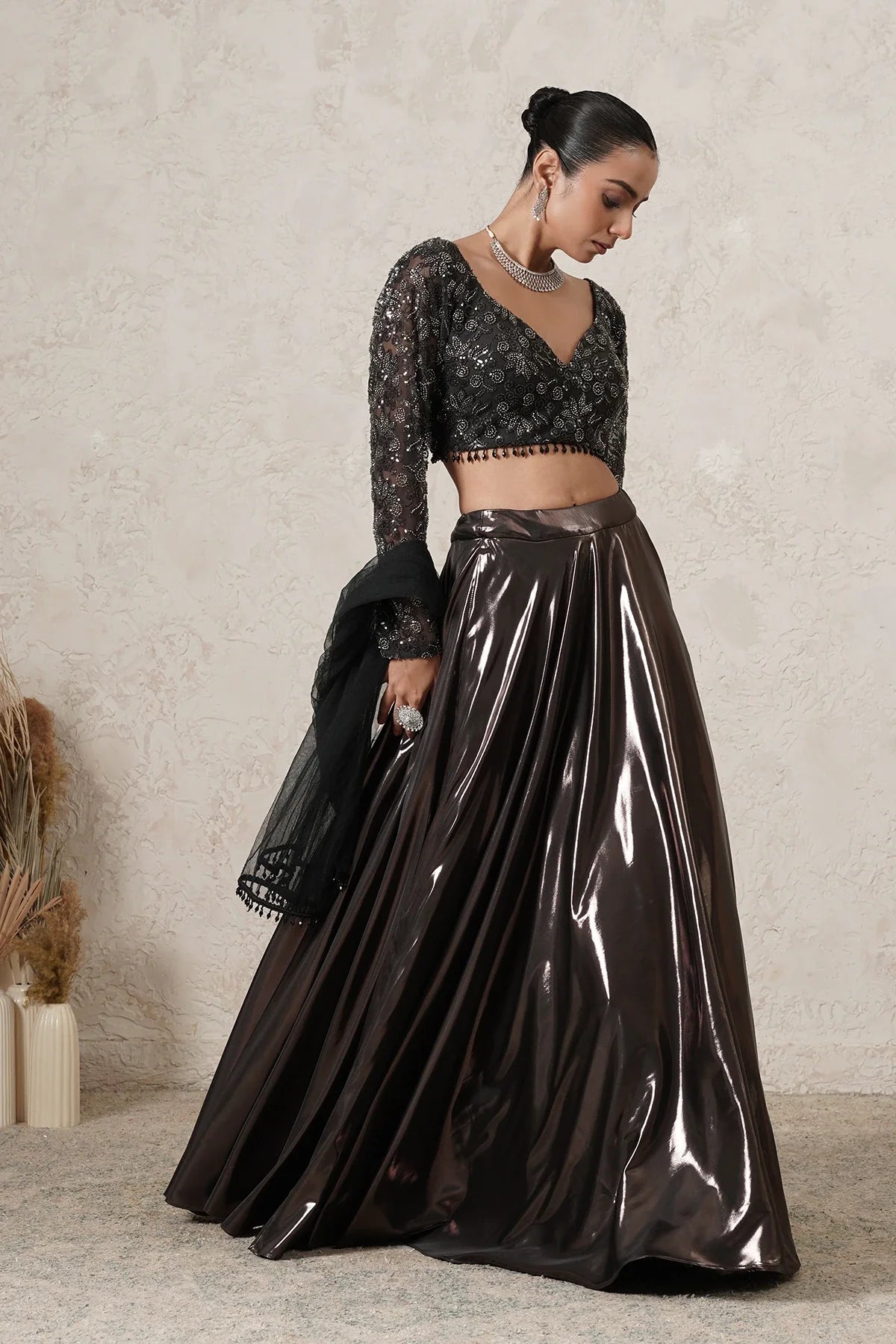 Saaya Metallic Lehenga Set with Hand-Embroidered Blouse & Dupatta | Gunmetal | Women | THETAA