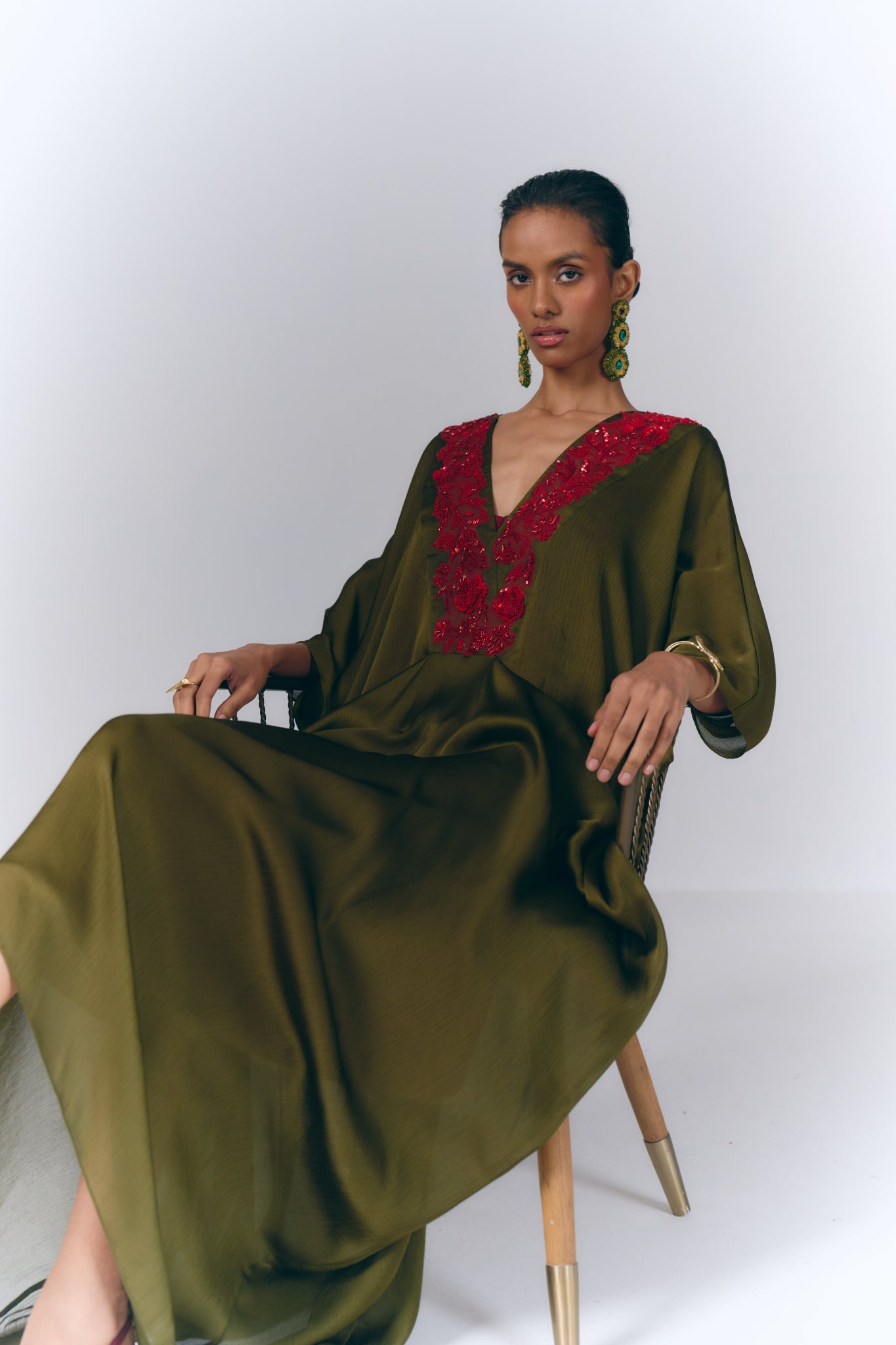 Green Embroidered Draped Kaftan