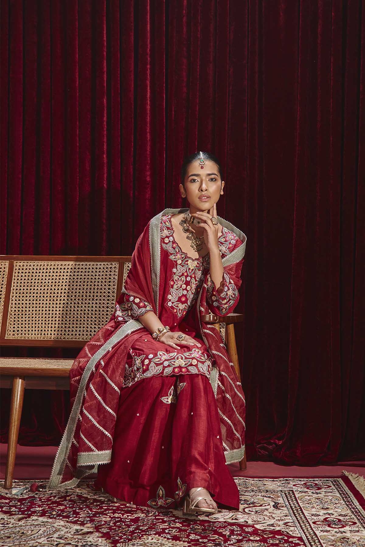 Shagun Wine Embroidered Dupion Silk A-Line Kurta and Sharara Set