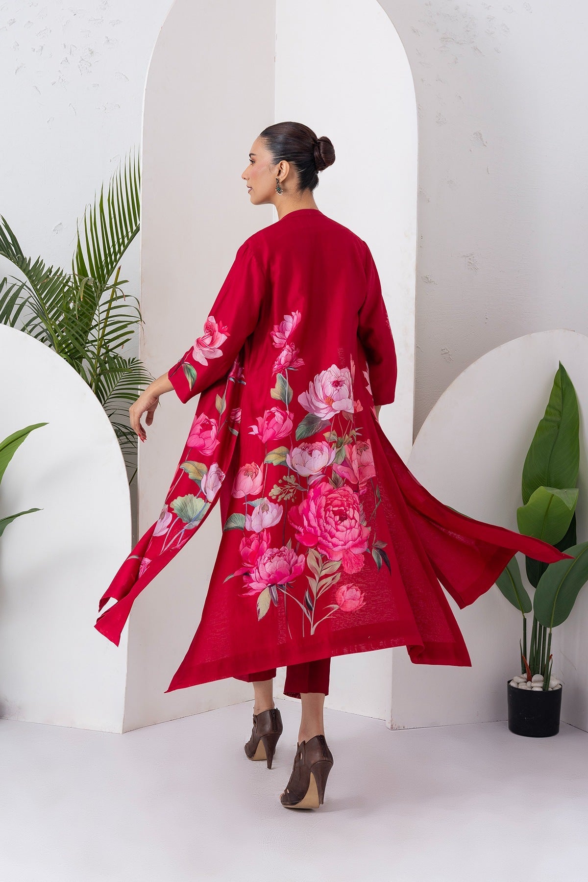 Maroon Silk Chanderi Printed Front Open Dress Set (3 PCS)