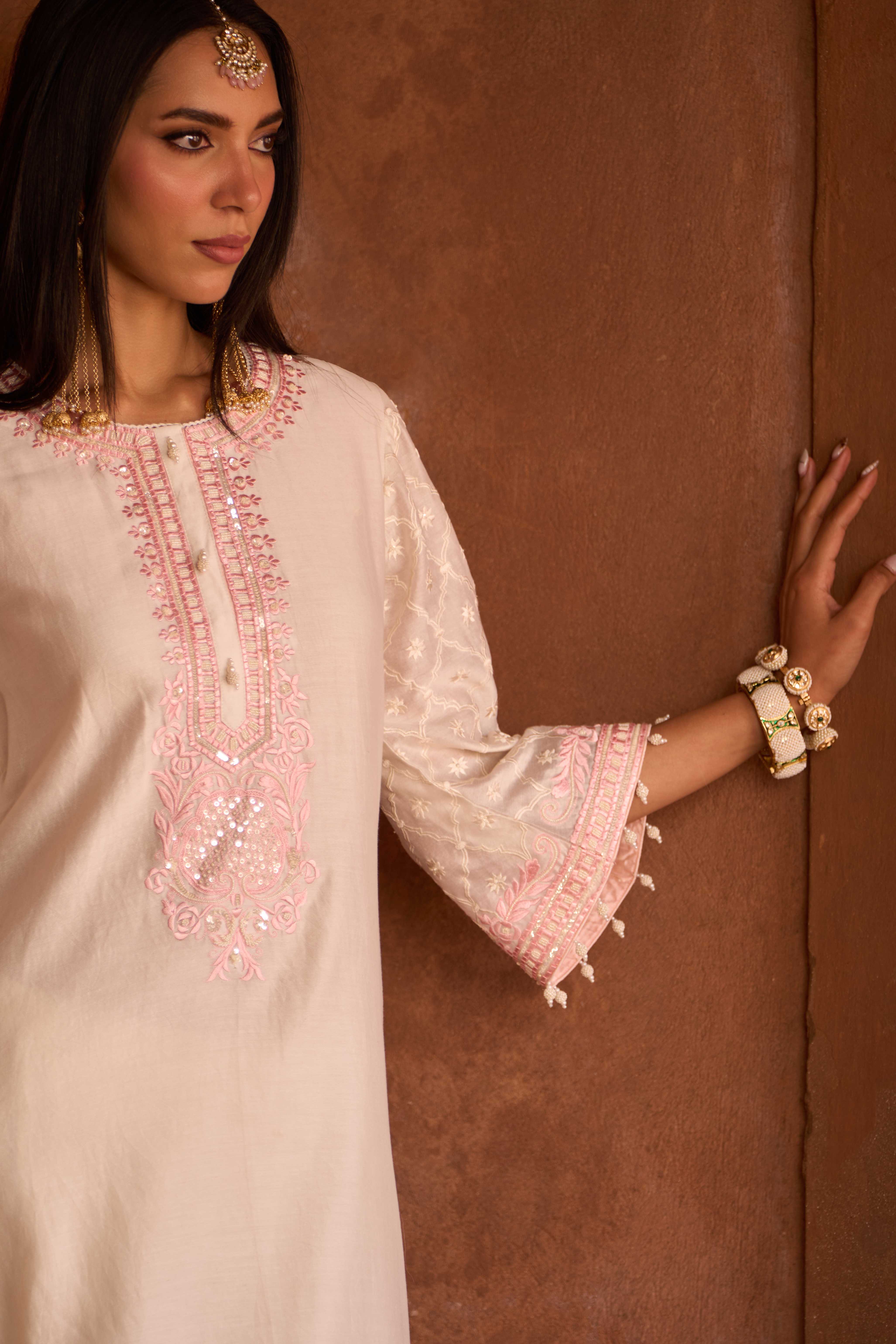 RUHI - DAISY IVORY WITH PINK SHORT KURTA AND DHOTI