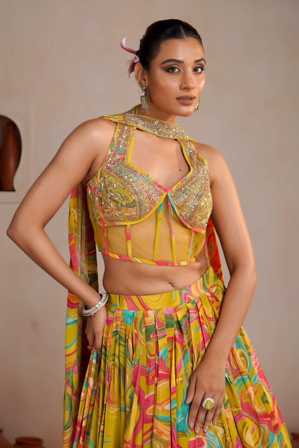 Yellow Crepe Silk lehenga choli