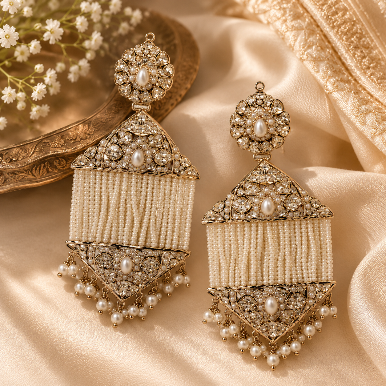 Jadau Pearl Tassel Statement Earrings