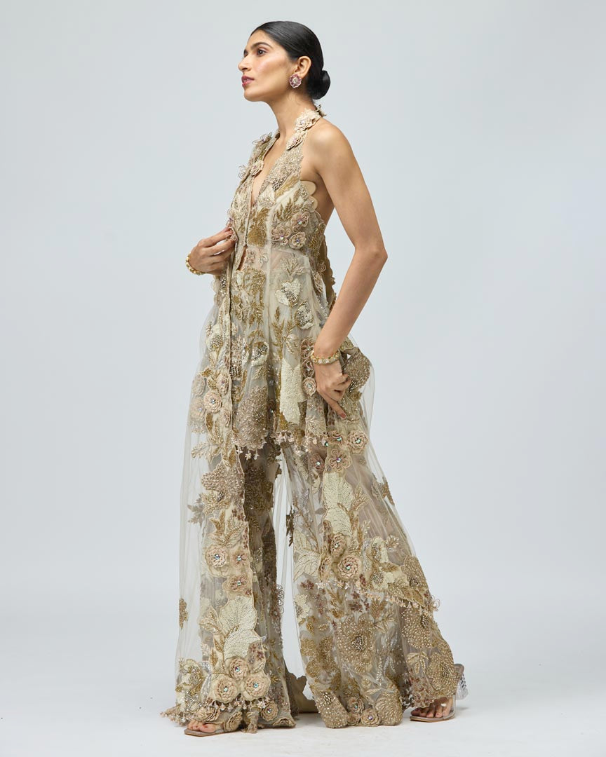 Gold Patchwork Sharara Set in Beige with 3D Floral Detailing