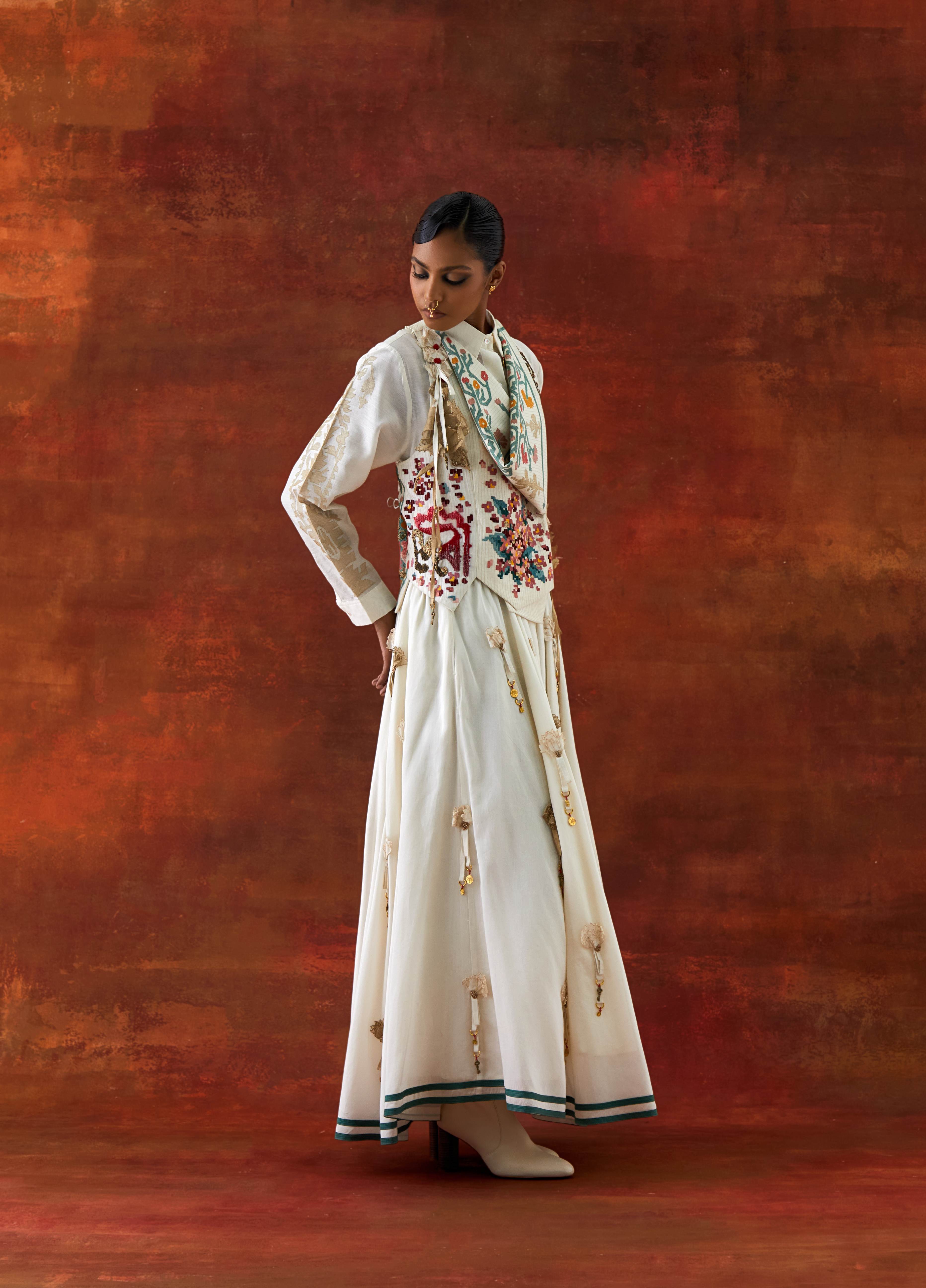 EMB ENGINEERED COWL RACER BACK JACKET + SHIRT WITH EMB BOOTA SLEEVES AND 3D FLOWER SKIRT - image 2