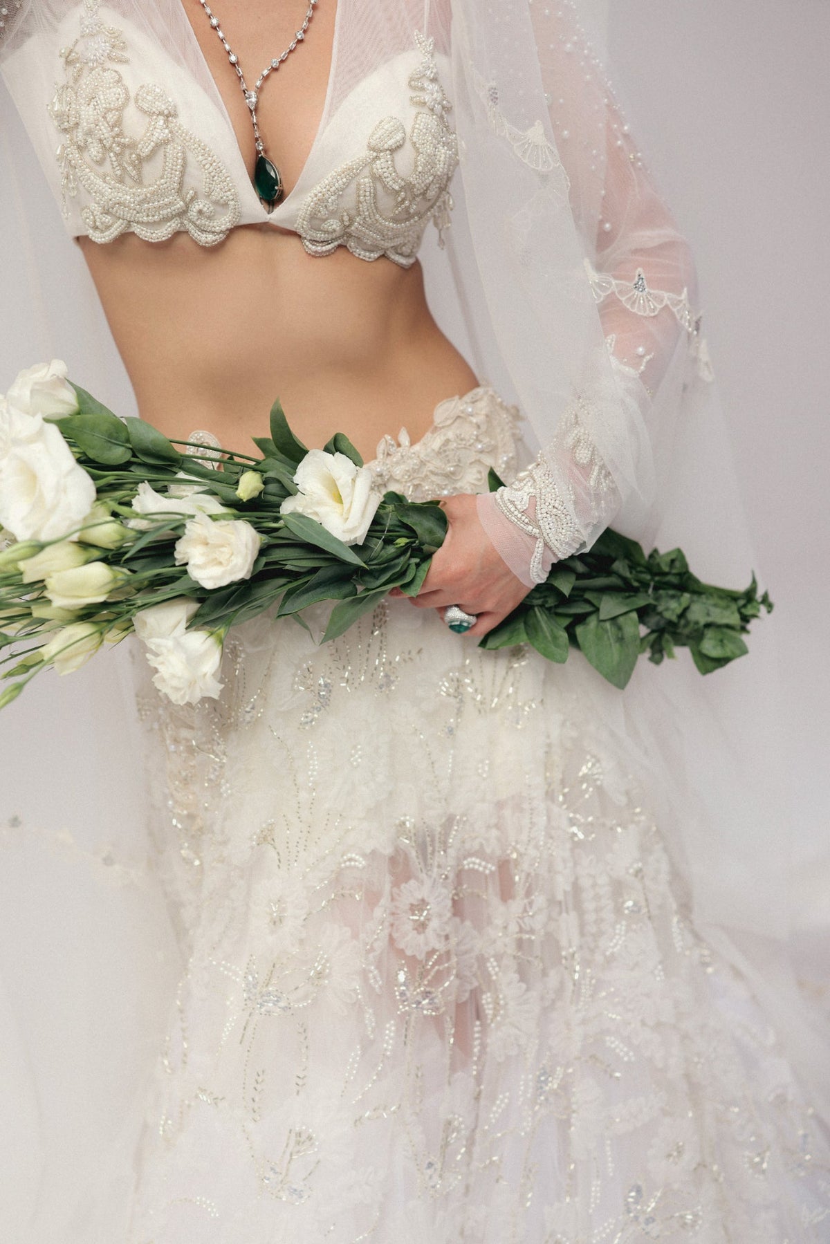 Pearl & Zardosi Embroidery, Tulle & French Lace with Silk, Skirt Set, Full Sleeve Blouse Silhouette