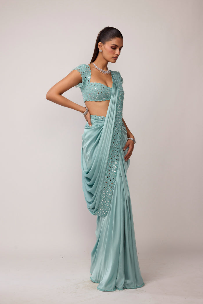 Powder Blue Draped Saree Set
