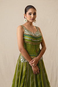 Green ombre printed bandhej lehenga set