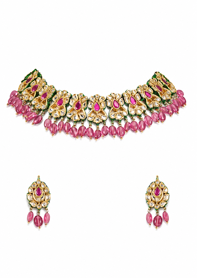 Gulnaar Pink Jaipuri Kundan Choker Necklace Set