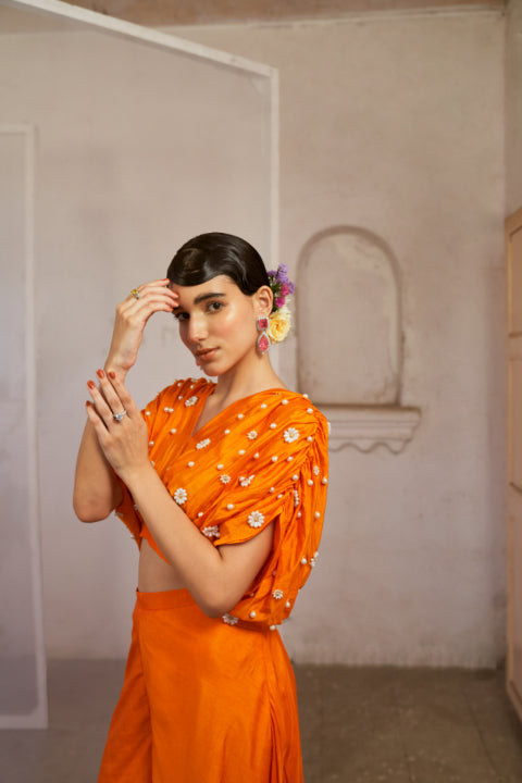 Orange Gathered Crop Top with Palazzo Set