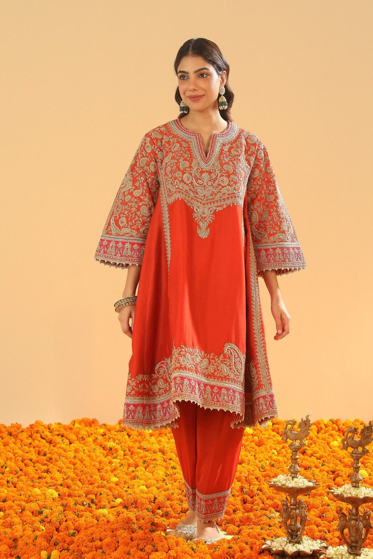 Irha - Burnt Orange Knee Length Kalidaar Chauga with Salwar and Khada Dupatta