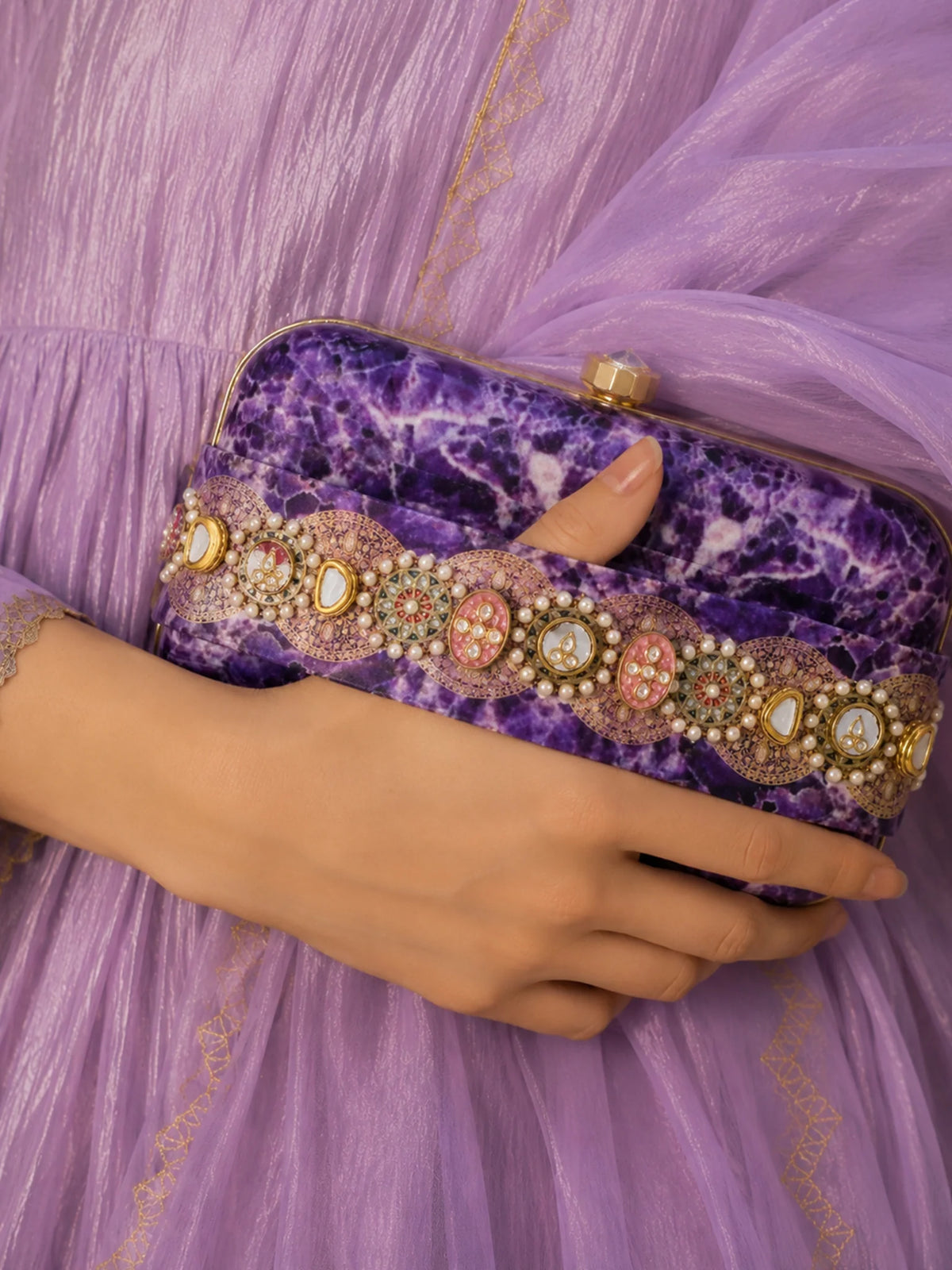 Purple Amethyst Print Slide-In Clutch Bag with Embellished Detail