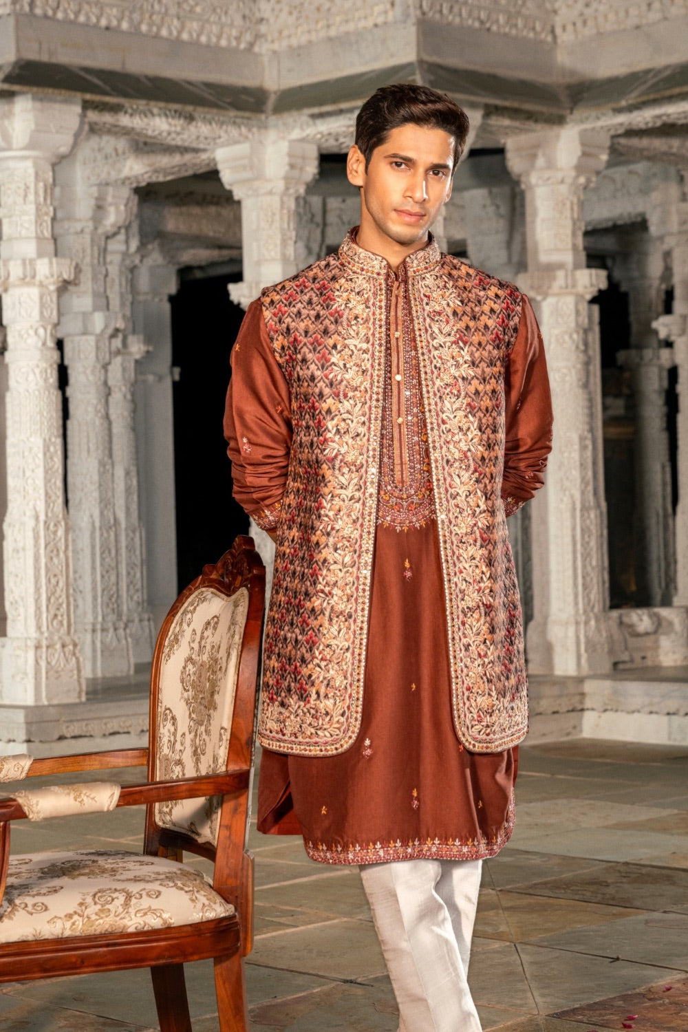 Brown silk open koti set with multicolour embroidery