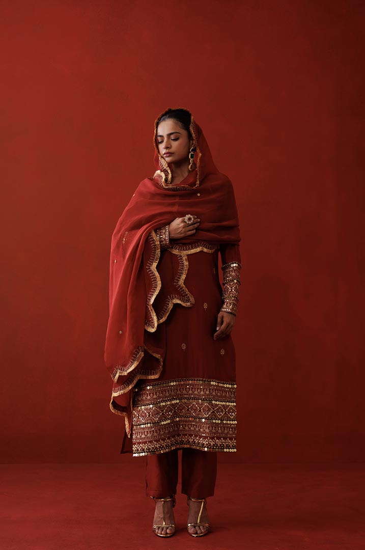 Rustic red halter neck kurta set