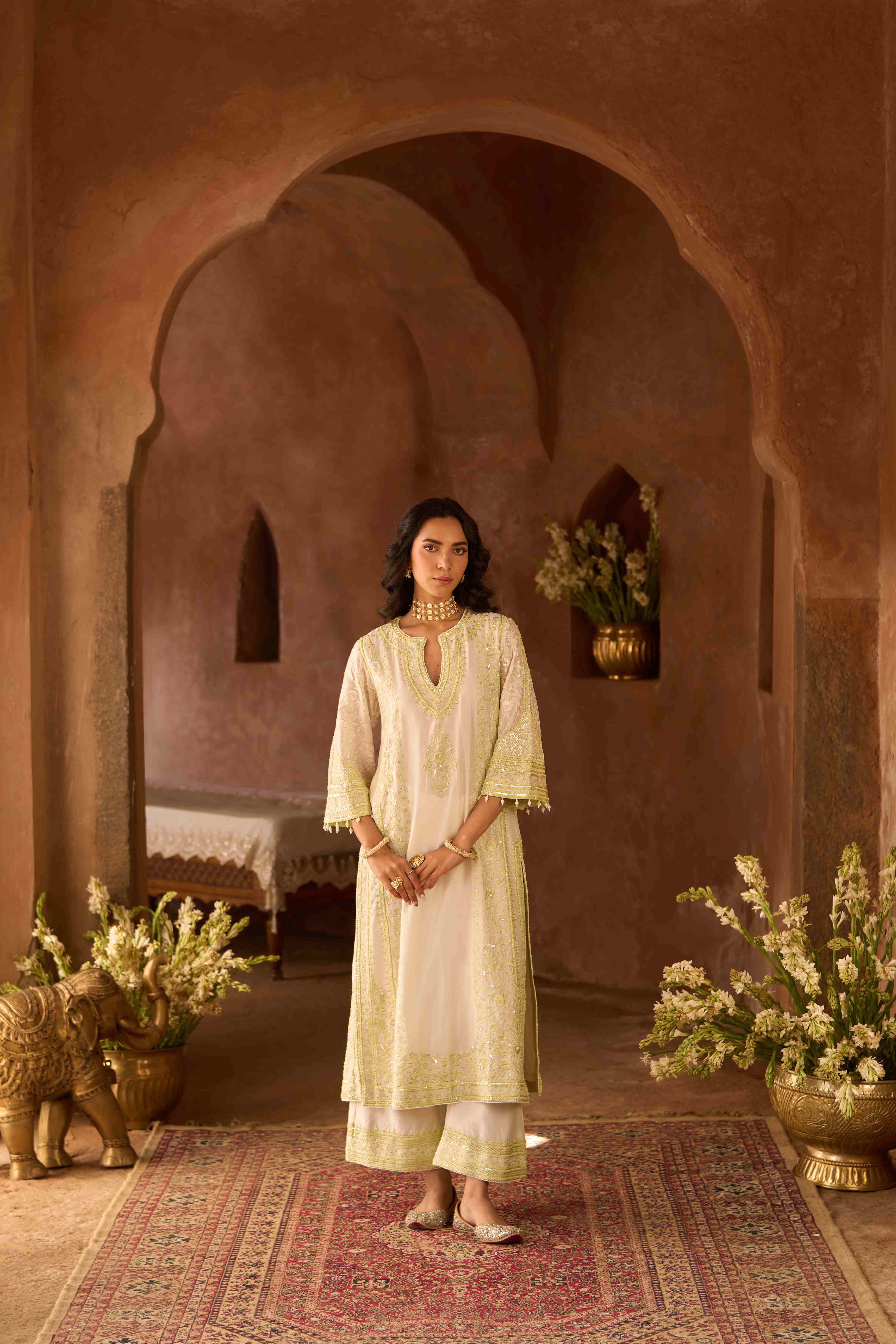 NURVI - DAISY IVORY WITH MINT GREEN LONG A-LINE KURTA WITH PALAZZO AND DUPATTA