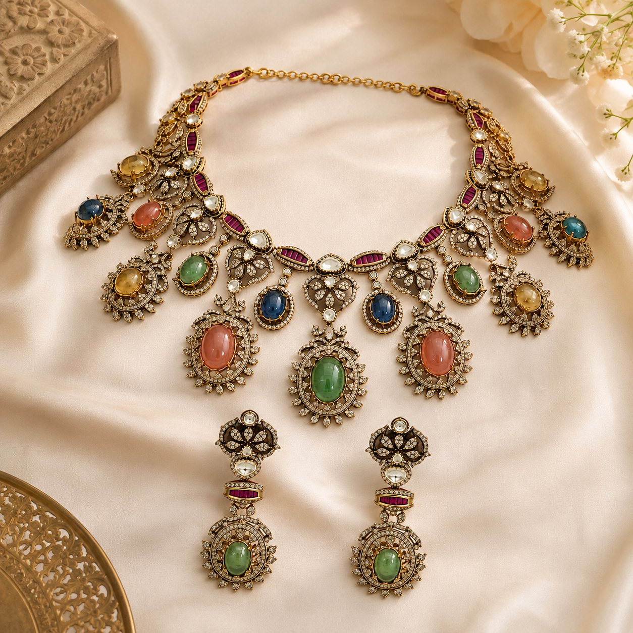 Multicolour Semi-Precious Stone Moissanite Necklace Set