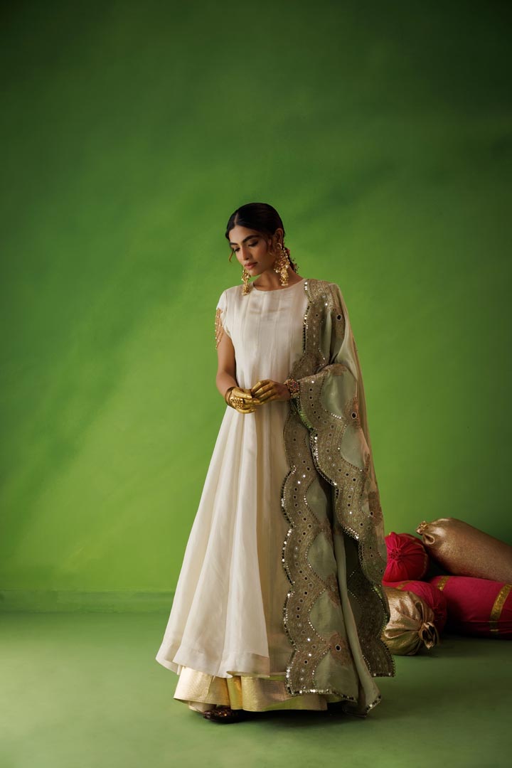 Beige tissue anarkali with pastel olive dupatta