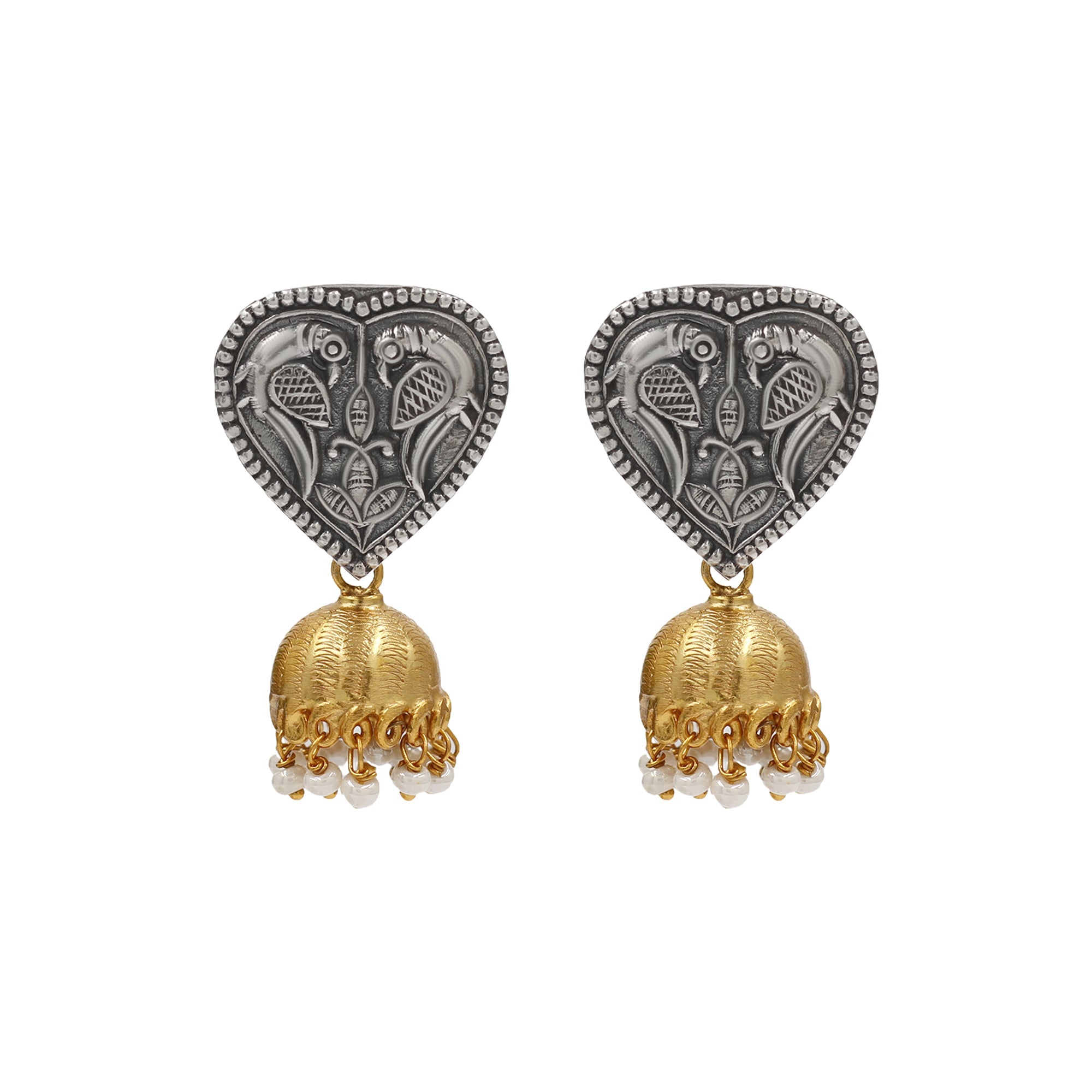 Sangeeta Boochra Vintage Peacock Motif Silver Earrings with Gold Jhumka